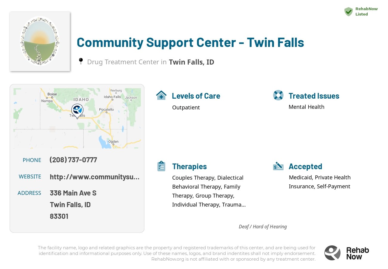 Helpful reference information for Community Support Center - Twin Falls, a drug treatment center in Idaho located at: 336 Main Ave S, Twin Falls, ID 83301, including phone numbers, official website, and more. Listed briefly is an overview of Levels of Care, Therapies Offered, Issues Treated, and accepted forms of Payment Methods.