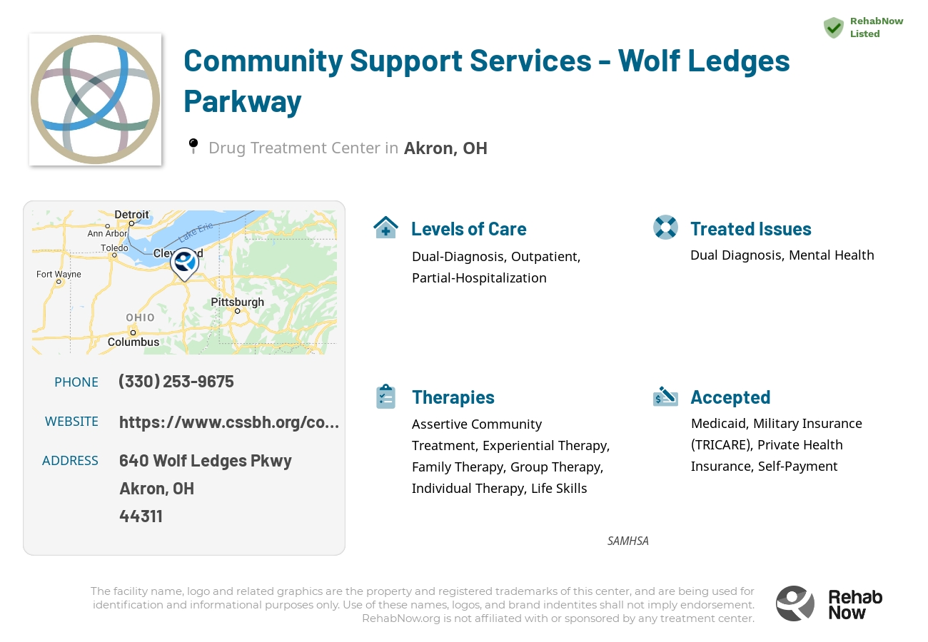 Helpful reference information for Community Support Services - Wolf Ledges Parkway, a drug treatment center in Ohio located at: 640 Wolf Ledges Pkwy, Akron, OH 44311, including phone numbers, official website, and more. Listed briefly is an overview of Levels of Care, Therapies Offered, Issues Treated, and accepted forms of Payment Methods.