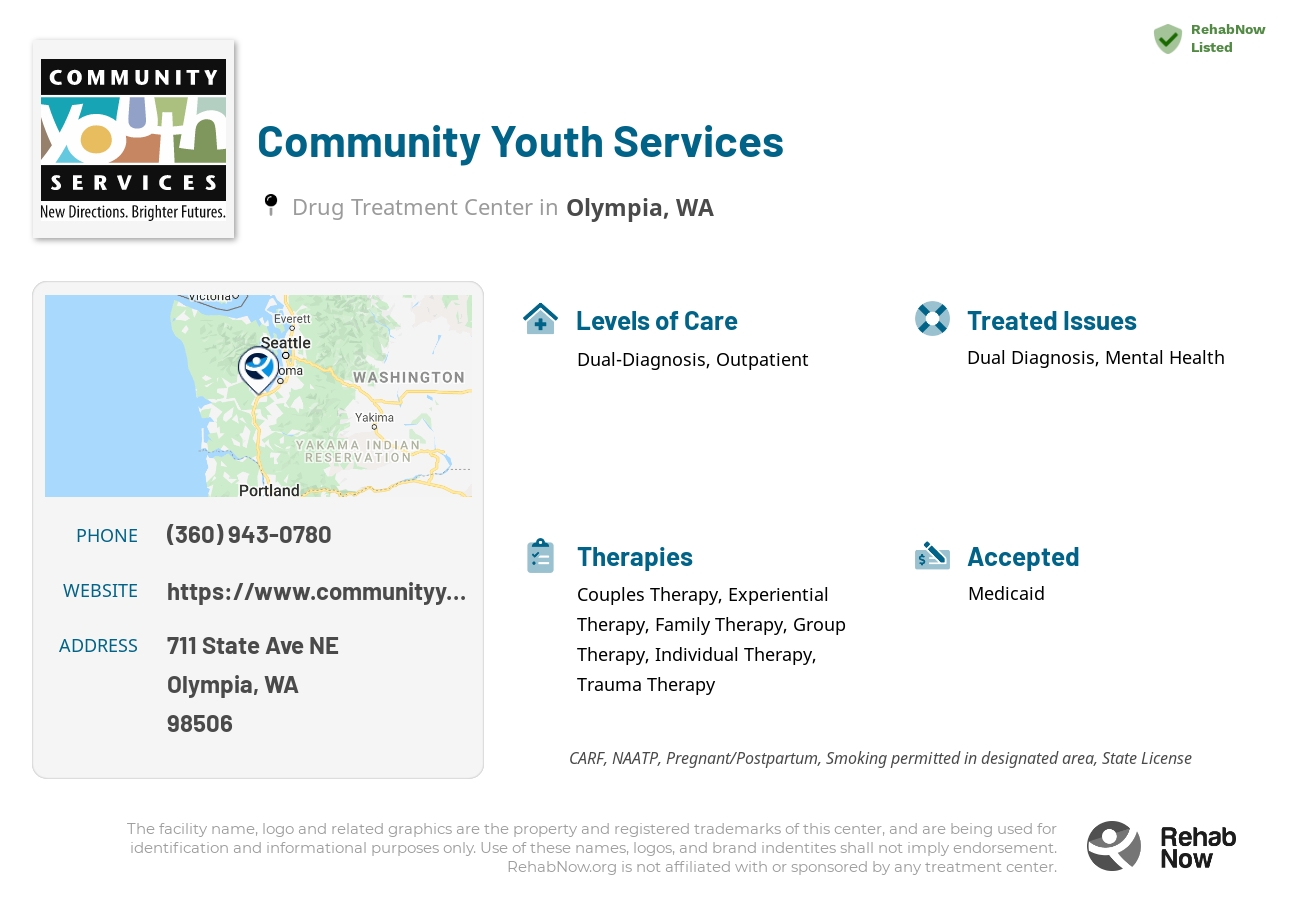 Helpful reference information for Community Youth Services, a drug treatment center in Washington located at: 711 State Ave NE, Olympia, WA 98506, including phone numbers, official website, and more. Listed briefly is an overview of Levels of Care, Therapies Offered, Issues Treated, and accepted forms of Payment Methods.