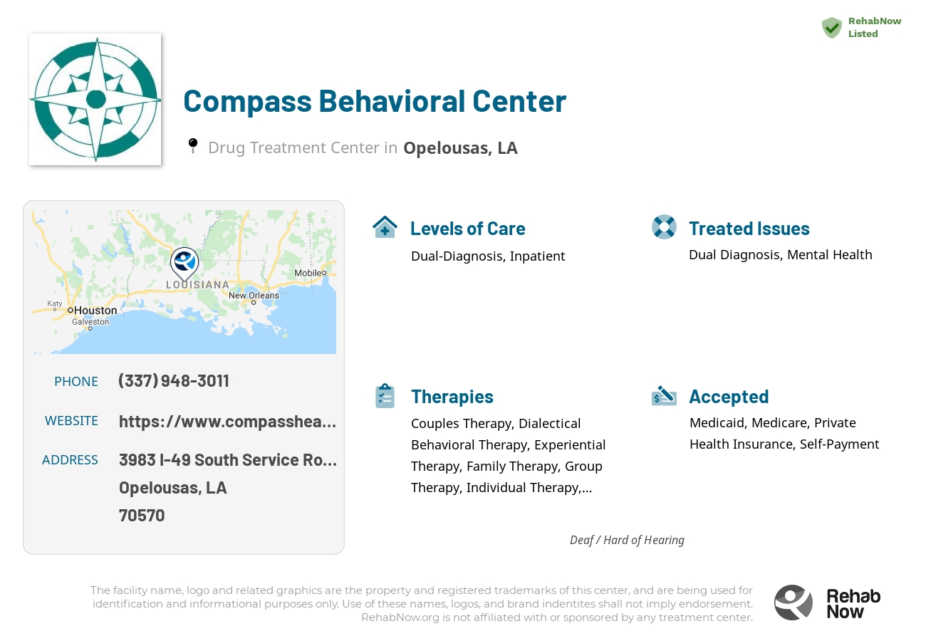 Helpful reference information for Compass Behavioral Center, a drug treatment center in Louisiana located at: 3983 I-49 South Service Road, Opelousas, LA 70570, including phone numbers, official website, and more. Listed briefly is an overview of Levels of Care, Therapies Offered, Issues Treated, and accepted forms of Payment Methods.