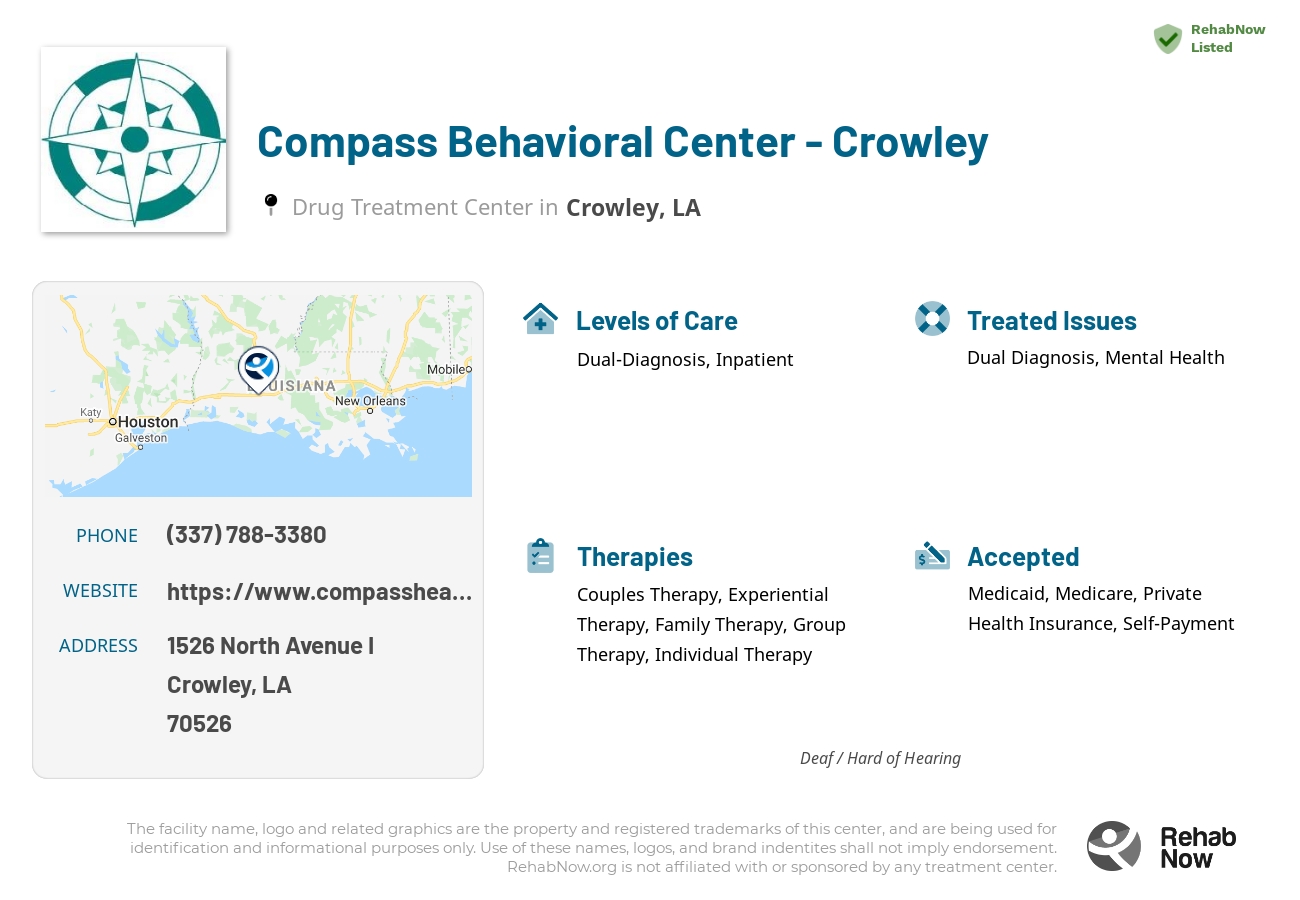 Helpful reference information for Compass Behavioral Center - Crowley, a drug treatment center in Louisiana located at: 1526 1526 North Avenue I, Crowley, LA 70526, including phone numbers, official website, and more. Listed briefly is an overview of Levels of Care, Therapies Offered, Issues Treated, and accepted forms of Payment Methods.