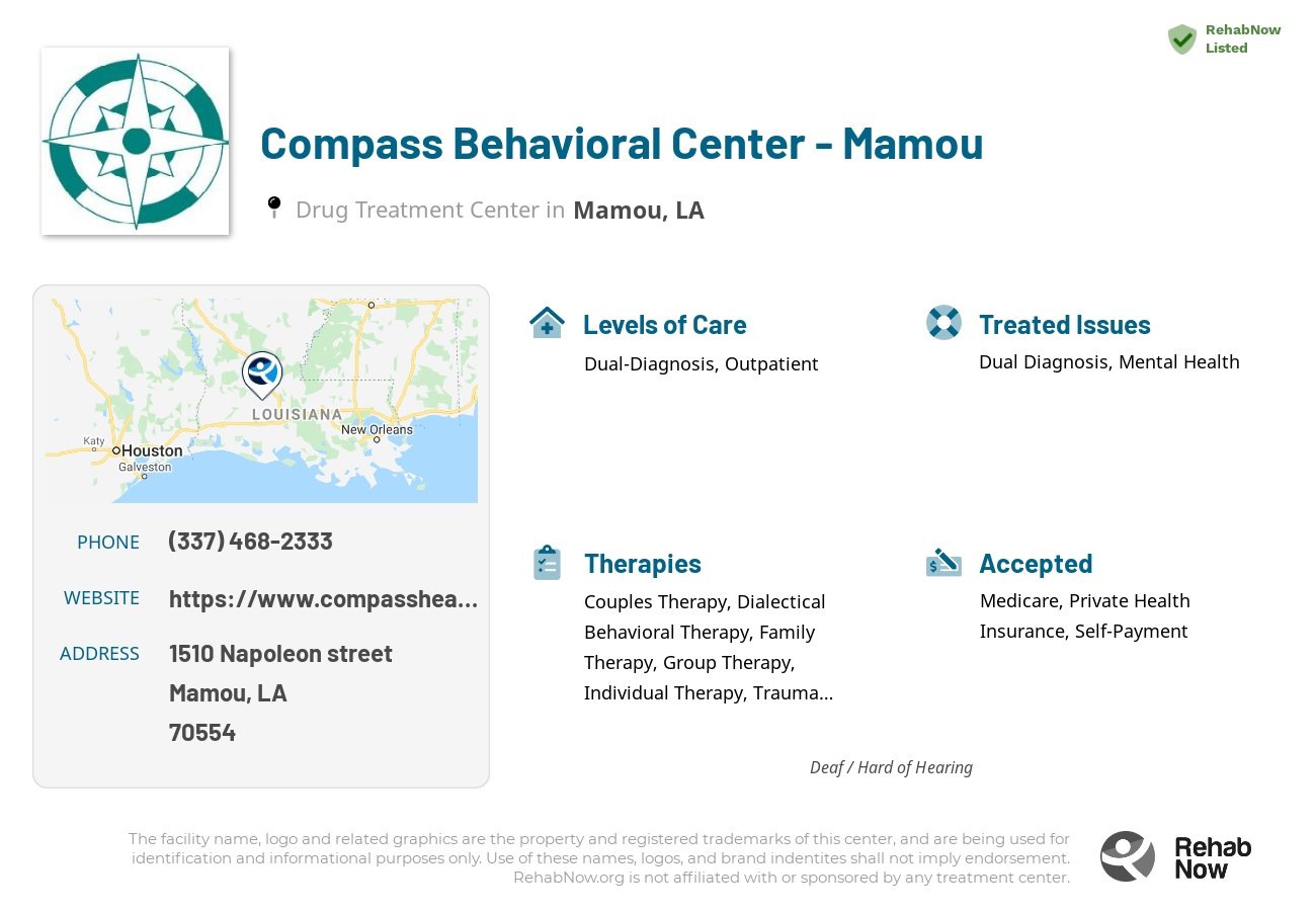 Helpful reference information for Compass Behavioral Center - Mamou, a drug treatment center in Louisiana located at: 1510 1510 Napoleon street, Mamou, LA 70554, including phone numbers, official website, and more. Listed briefly is an overview of Levels of Care, Therapies Offered, Issues Treated, and accepted forms of Payment Methods.