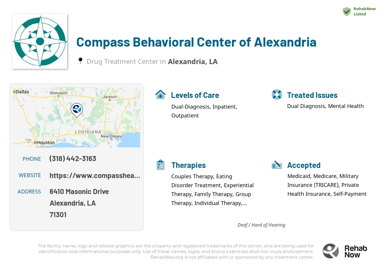 Helpful reference information for Compass Behavioral Center of Alexandria, a drug treatment center in Louisiana located at: 6410 6410 Masonic Drive, Alexandria, LA 71301, including phone numbers, official website, and more. Listed briefly is an overview of Levels of Care, Therapies Offered, Issues Treated, and accepted forms of Payment Methods.