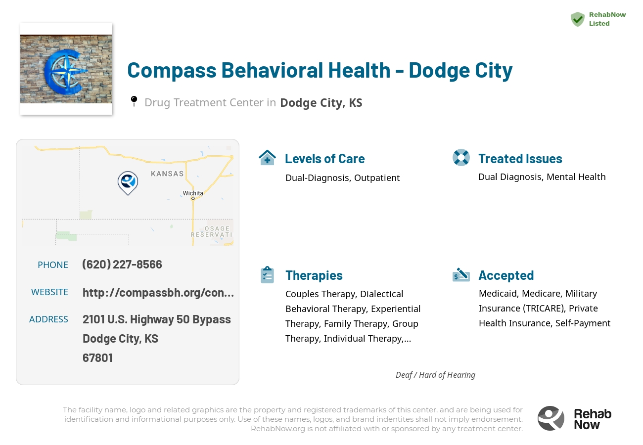 Helpful reference information for Compass Behavioral Health - Dodge City, a drug treatment center in Kansas located at: 2101 2101 U.S. Highway 50 Bypass, Dodge City, KS 67801, including phone numbers, official website, and more. Listed briefly is an overview of Levels of Care, Therapies Offered, Issues Treated, and accepted forms of Payment Methods.