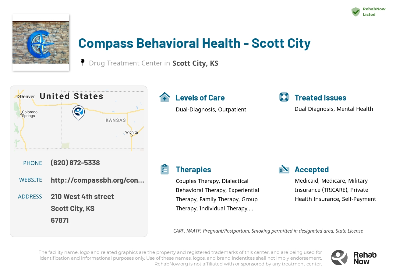 Helpful reference information for Compass Behavioral Health - Scott City, a drug treatment center in Kansas located at: 210 210 West 4th street, Scott City, KS 67871, including phone numbers, official website, and more. Listed briefly is an overview of Levels of Care, Therapies Offered, Issues Treated, and accepted forms of Payment Methods.