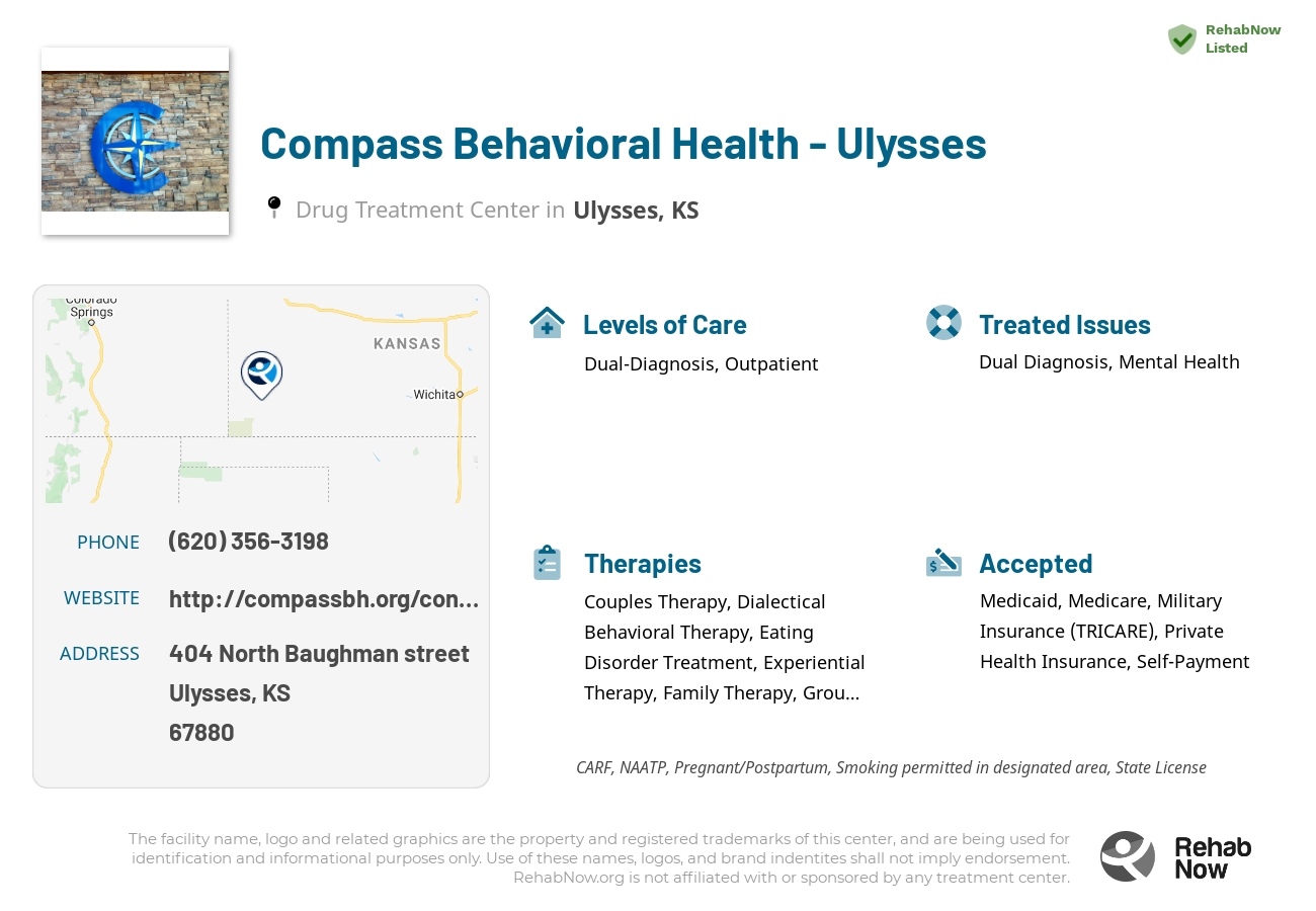 Helpful reference information for Compass Behavioral Health - Ulysses, a drug treatment center in Kansas located at: 404 404 North Baughman street, Ulysses, KS 67880, including phone numbers, official website, and more. Listed briefly is an overview of Levels of Care, Therapies Offered, Issues Treated, and accepted forms of Payment Methods.
