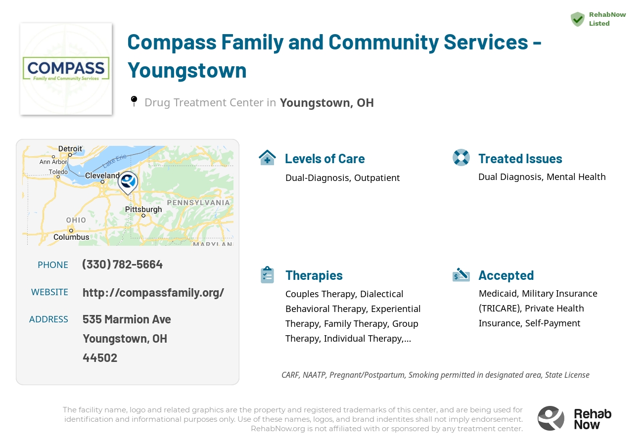 Helpful reference information for Compass Family and Community Services - Youngstown, a drug treatment center in Ohio located at: 535 Marmion Ave, Youngstown, OH 44502, including phone numbers, official website, and more. Listed briefly is an overview of Levels of Care, Therapies Offered, Issues Treated, and accepted forms of Payment Methods.