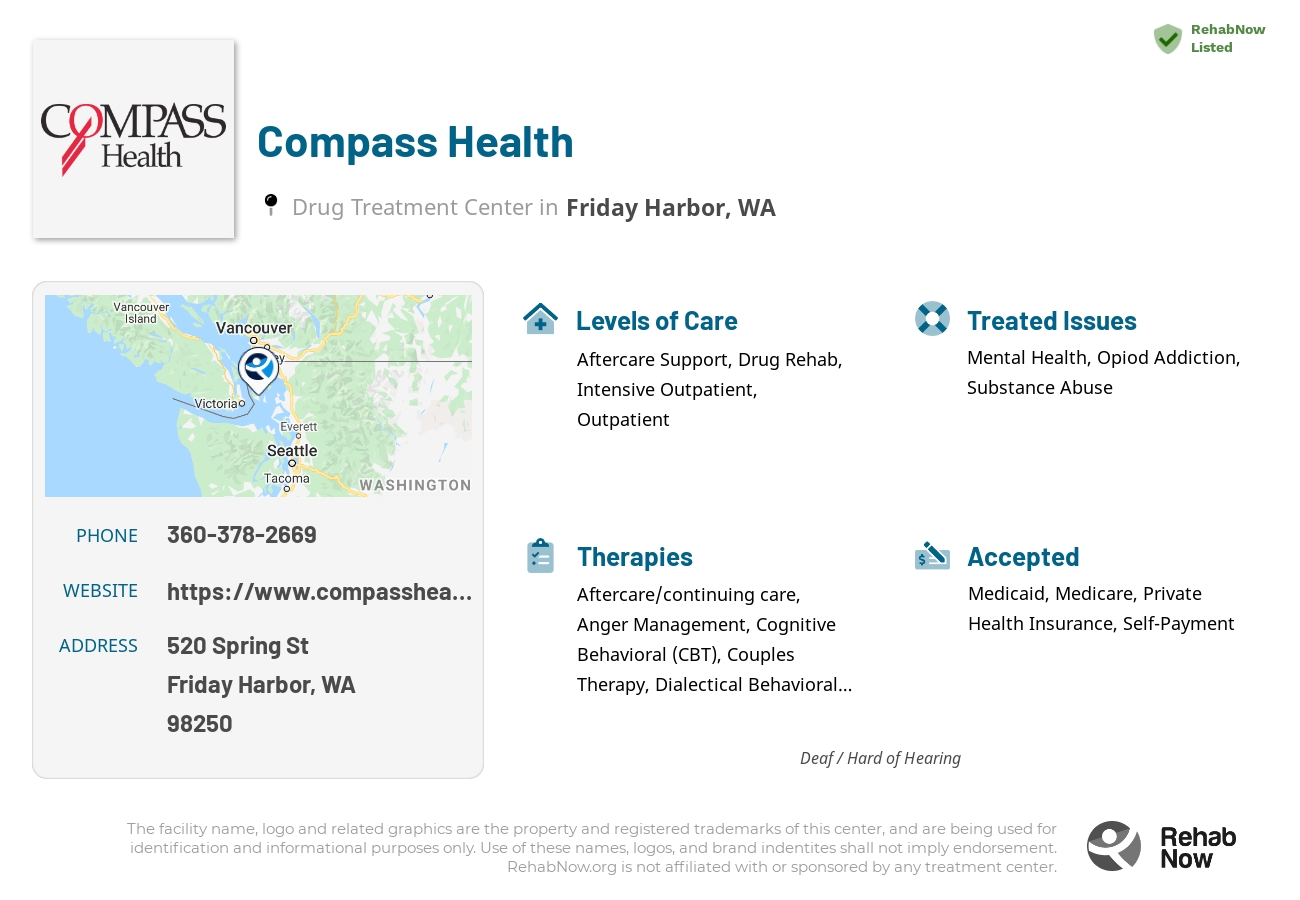 Helpful reference information for Compass Health, a drug treatment center in Washington located at: 520 Spring St, Friday Harbor, WA 98250, including phone numbers, official website, and more. Listed briefly is an overview of Levels of Care, Therapies Offered, Issues Treated, and accepted forms of Payment Methods.