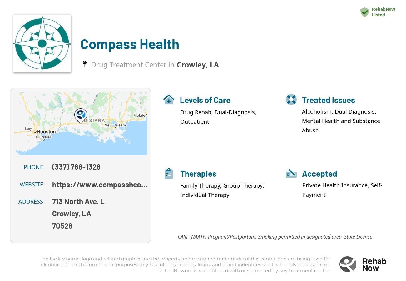 Helpful reference information for Compass Health, a drug treatment center in Louisiana located at: 713 North Ave. L, Crowley, LA, 70526, including phone numbers, official website, and more. Listed briefly is an overview of Levels of Care, Therapies Offered, Issues Treated, and accepted forms of Payment Methods.