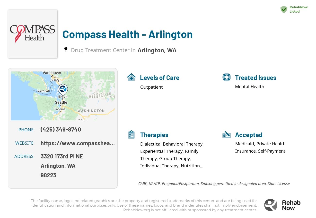 Helpful reference information for Compass Health - Arlington, a drug treatment center in Washington located at: 3320 173rd Pl NE, Arlington, WA 98223, including phone numbers, official website, and more. Listed briefly is an overview of Levels of Care, Therapies Offered, Issues Treated, and accepted forms of Payment Methods.