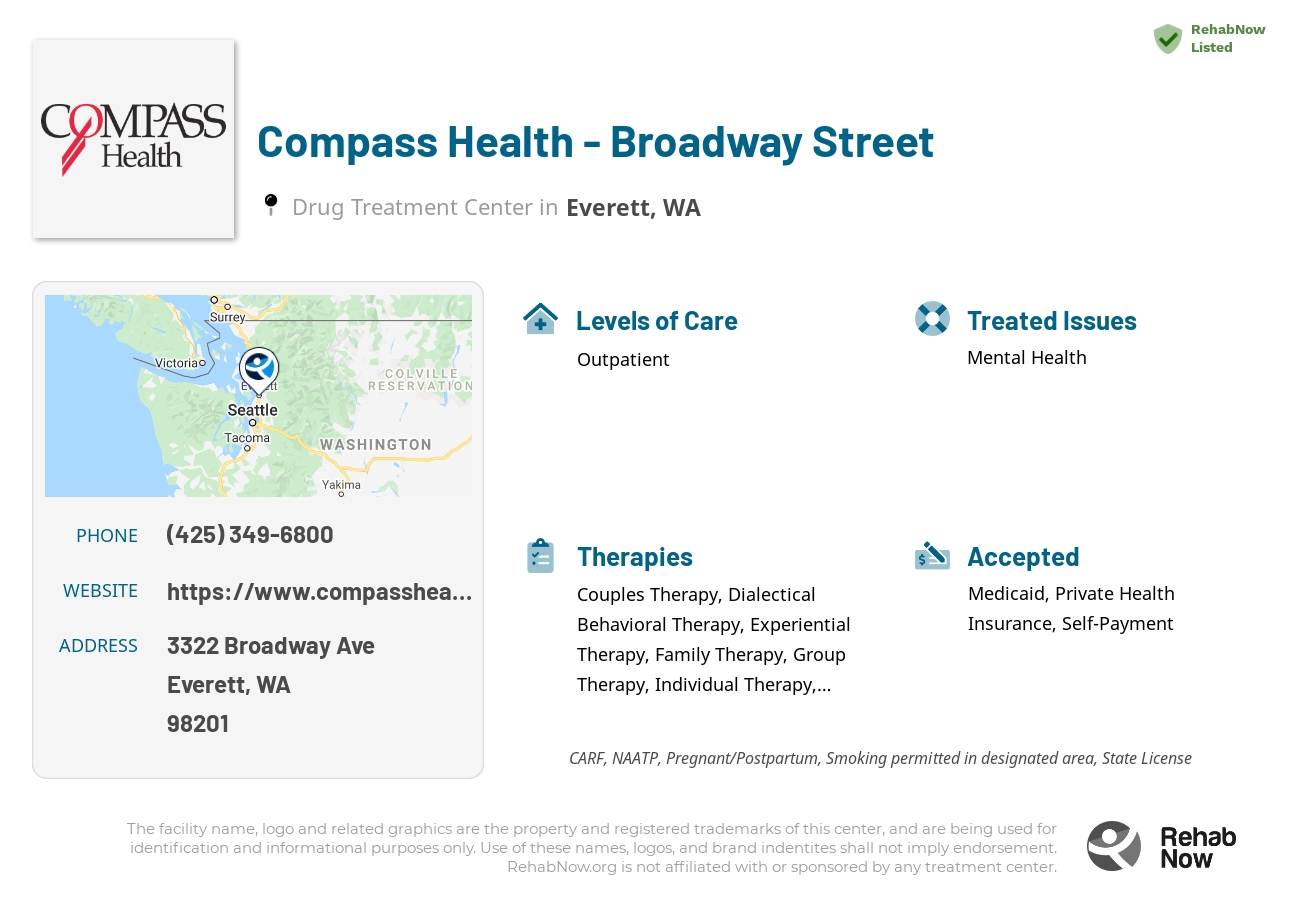Helpful reference information for Compass Health - Broadway Street, a drug treatment center in Washington located at: 3322 Broadway Ave, Everett, WA 98201, including phone numbers, official website, and more. Listed briefly is an overview of Levels of Care, Therapies Offered, Issues Treated, and accepted forms of Payment Methods.