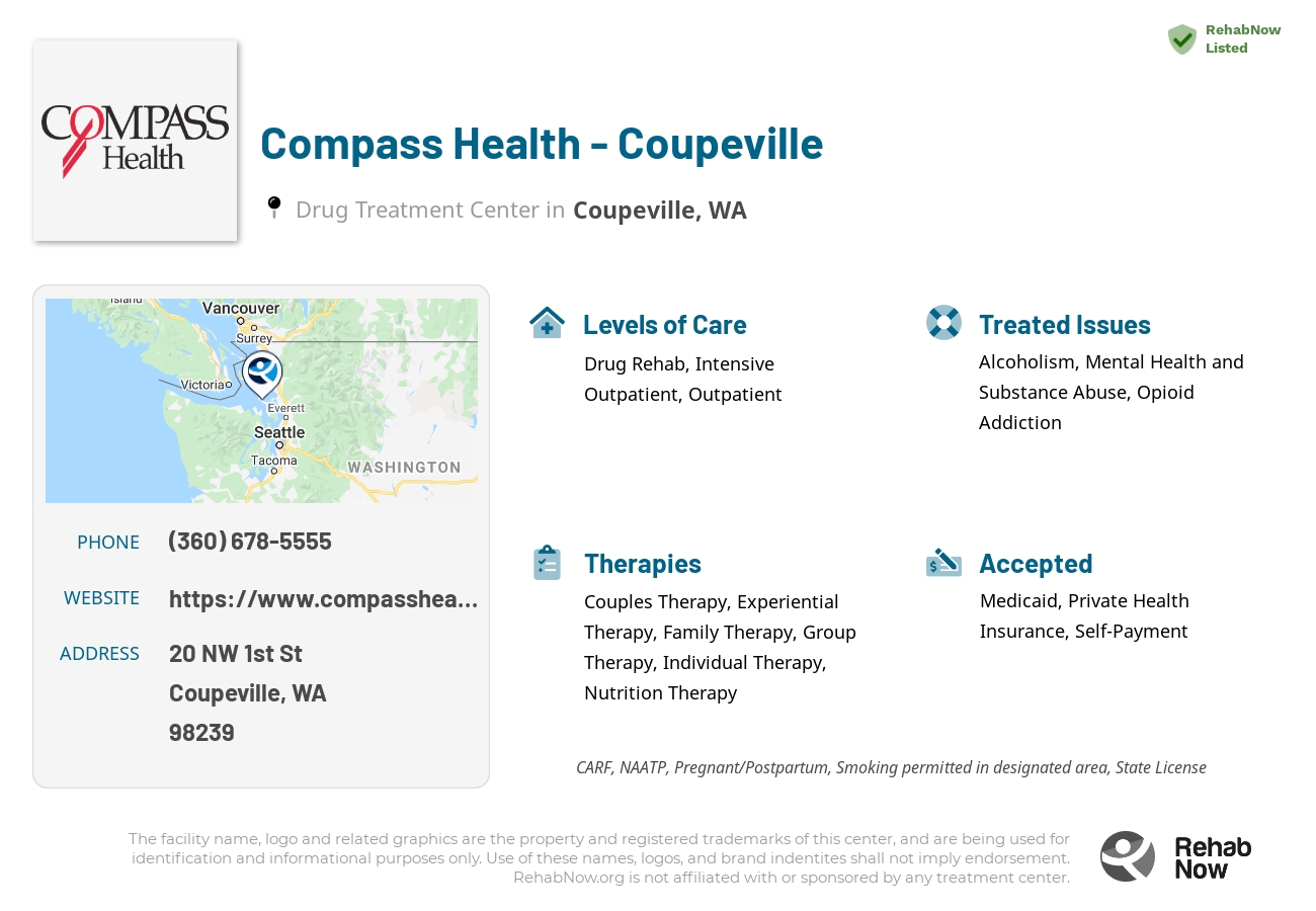Helpful reference information for Compass Health - Coupeville, a drug treatment center in Washington located at: 20 NW 1st St, Coupeville, WA 98239, including phone numbers, official website, and more. Listed briefly is an overview of Levels of Care, Therapies Offered, Issues Treated, and accepted forms of Payment Methods.