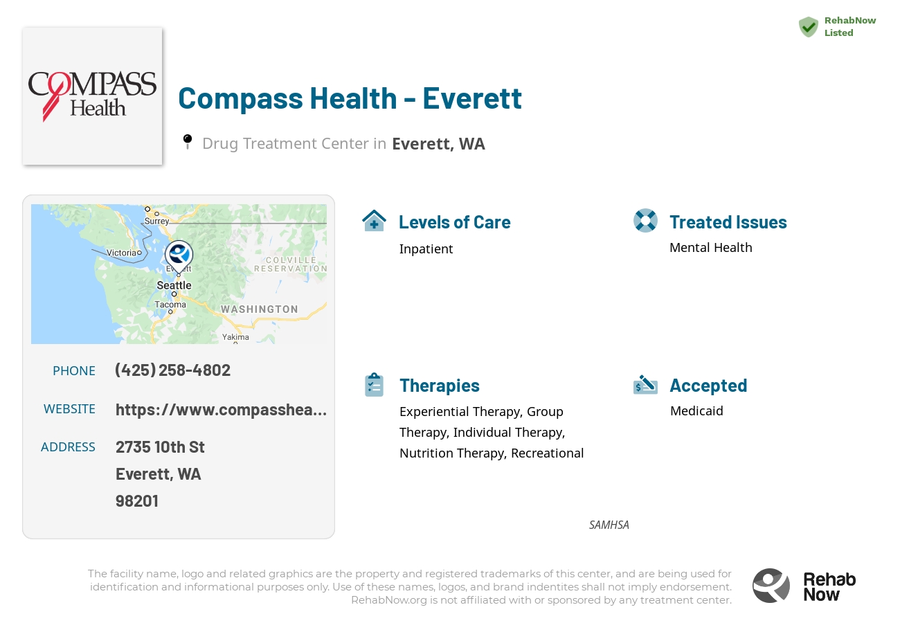 Helpful reference information for Compass Health - Everett, a drug treatment center in Washington located at: 2735 10th St, Everett, WA 98201, including phone numbers, official website, and more. Listed briefly is an overview of Levels of Care, Therapies Offered, Issues Treated, and accepted forms of Payment Methods.
