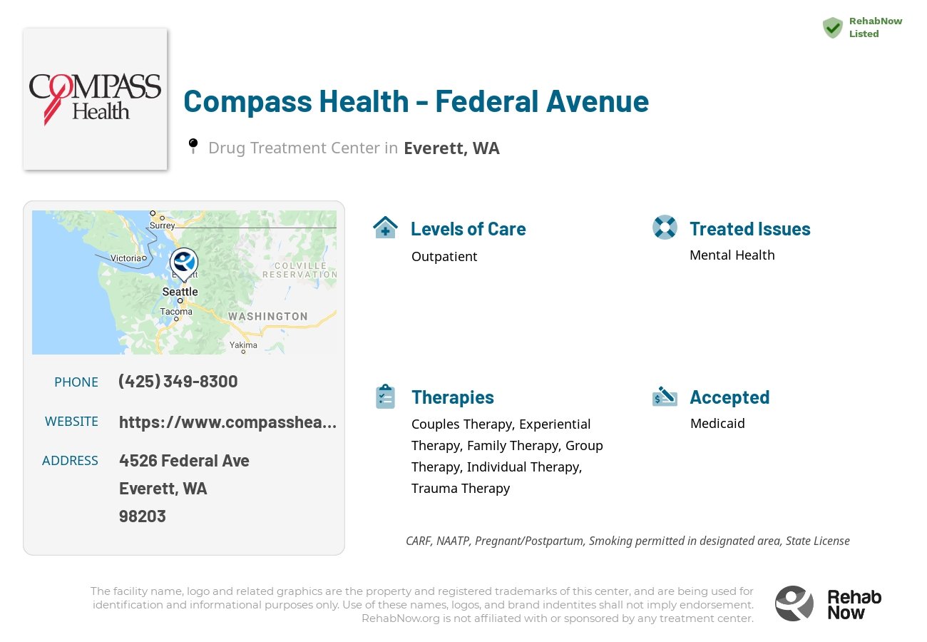 Helpful reference information for Compass Health - Federal Avenue, a drug treatment center in Washington located at: 4526 Federal Ave, Everett, WA 98203, including phone numbers, official website, and more. Listed briefly is an overview of Levels of Care, Therapies Offered, Issues Treated, and accepted forms of Payment Methods.
