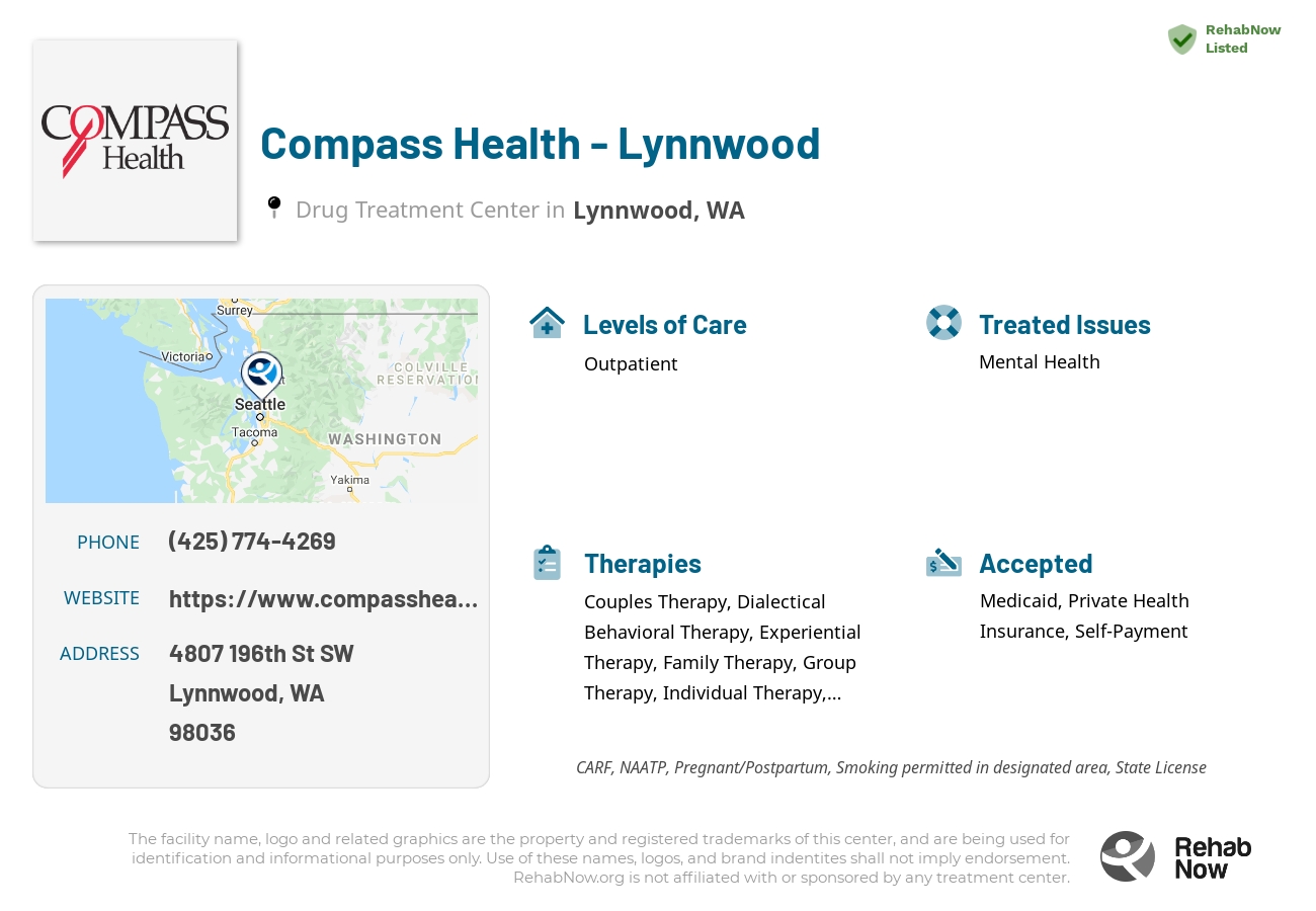 Helpful reference information for Compass Health - Lynnwood, a drug treatment center in Washington located at: 4807 196th St SW, Lynnwood, WA 98036, including phone numbers, official website, and more. Listed briefly is an overview of Levels of Care, Therapies Offered, Issues Treated, and accepted forms of Payment Methods.