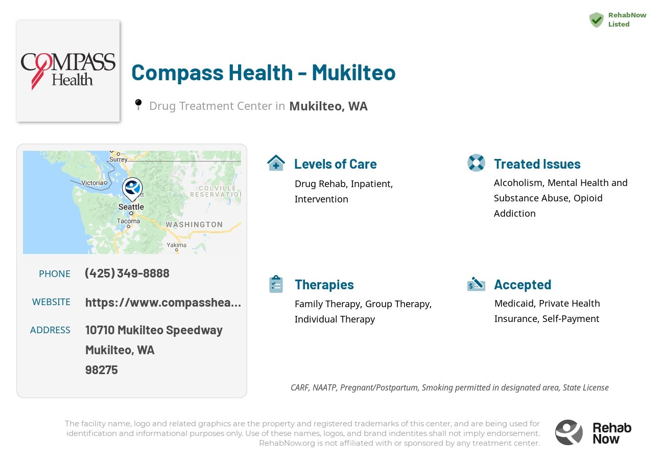 Helpful reference information for Compass Health - Mukilteo, a drug treatment center in Washington located at: 10710 Mukilteo Speedway, Mukilteo, WA 98275, including phone numbers, official website, and more. Listed briefly is an overview of Levels of Care, Therapies Offered, Issues Treated, and accepted forms of Payment Methods.