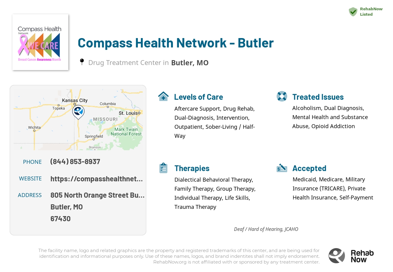 Helpful reference information for Compass Health Network - Butler, a drug treatment center in Missouri located at: 805 North Orange Street Butler, Butler, MO, 67430, including phone numbers, official website, and more. Listed briefly is an overview of Levels of Care, Therapies Offered, Issues Treated, and accepted forms of Payment Methods.