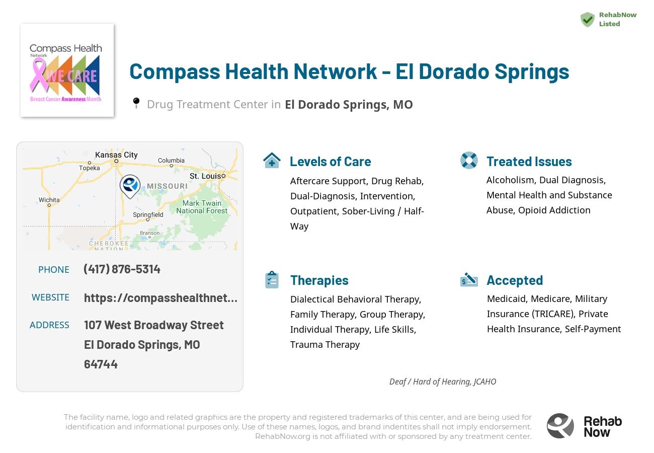 Helpful reference information for Compass Health Network - El Dorado Springs, a drug treatment center in Missouri located at: 107 West Broadway Street, El Dorado Springs, MO, 64744, including phone numbers, official website, and more. Listed briefly is an overview of Levels of Care, Therapies Offered, Issues Treated, and accepted forms of Payment Methods.