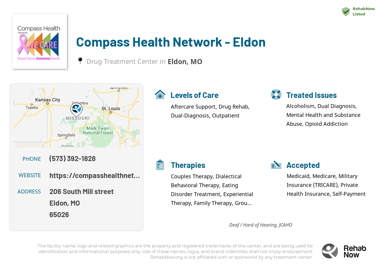 Helpful reference information for Compass Health Network - Eldon, a drug treatment center in Missouri located at: 206 South Mill street, Eldon, MO, 65026, including phone numbers, official website, and more. Listed briefly is an overview of Levels of Care, Therapies Offered, Issues Treated, and accepted forms of Payment Methods.