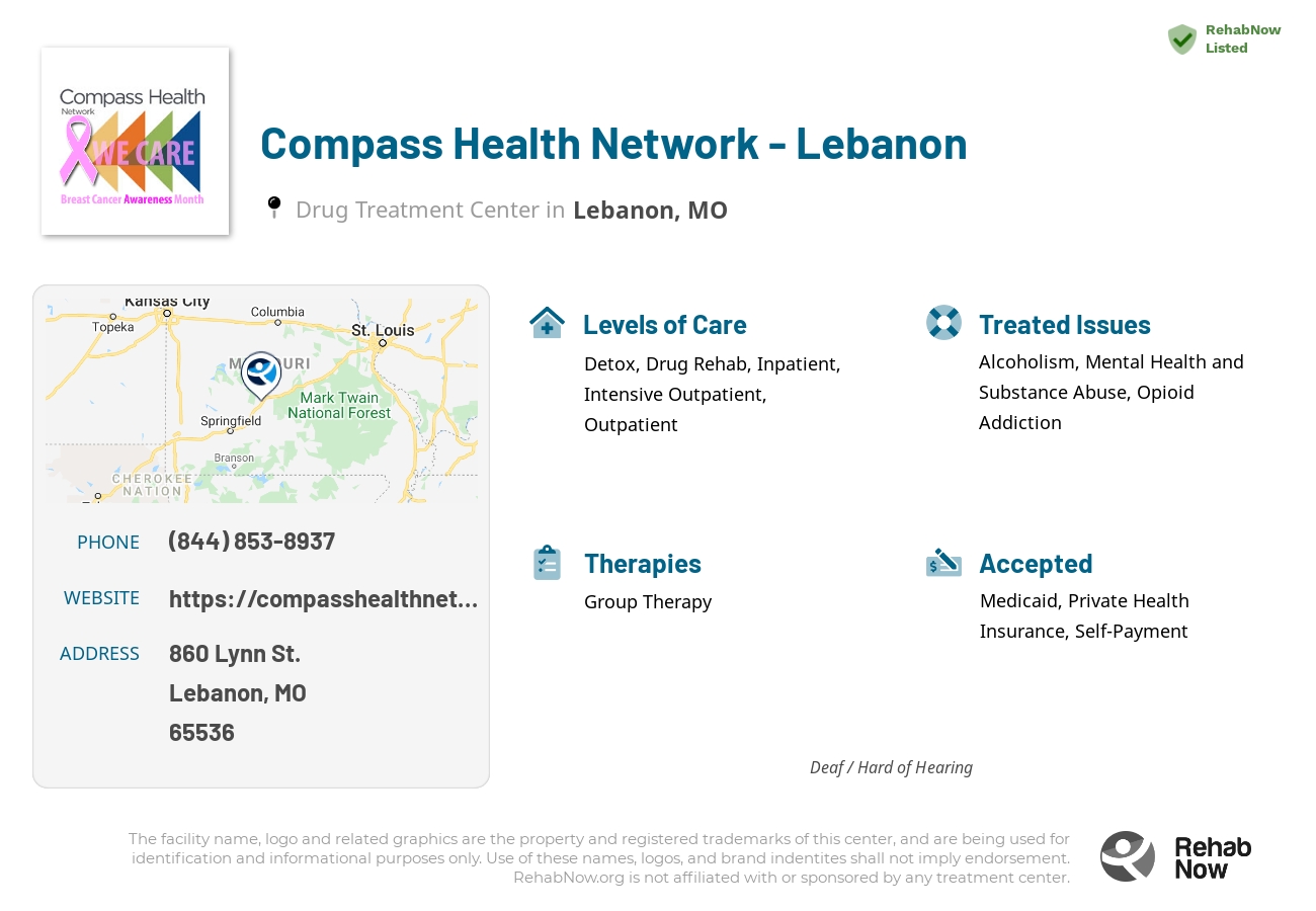 Helpful reference information for Compass Health Network - Lebanon, a drug treatment center in Missouri located at: 860 Lynn St., Lebanon, MO, 65536, including phone numbers, official website, and more. Listed briefly is an overview of Levels of Care, Therapies Offered, Issues Treated, and accepted forms of Payment Methods.