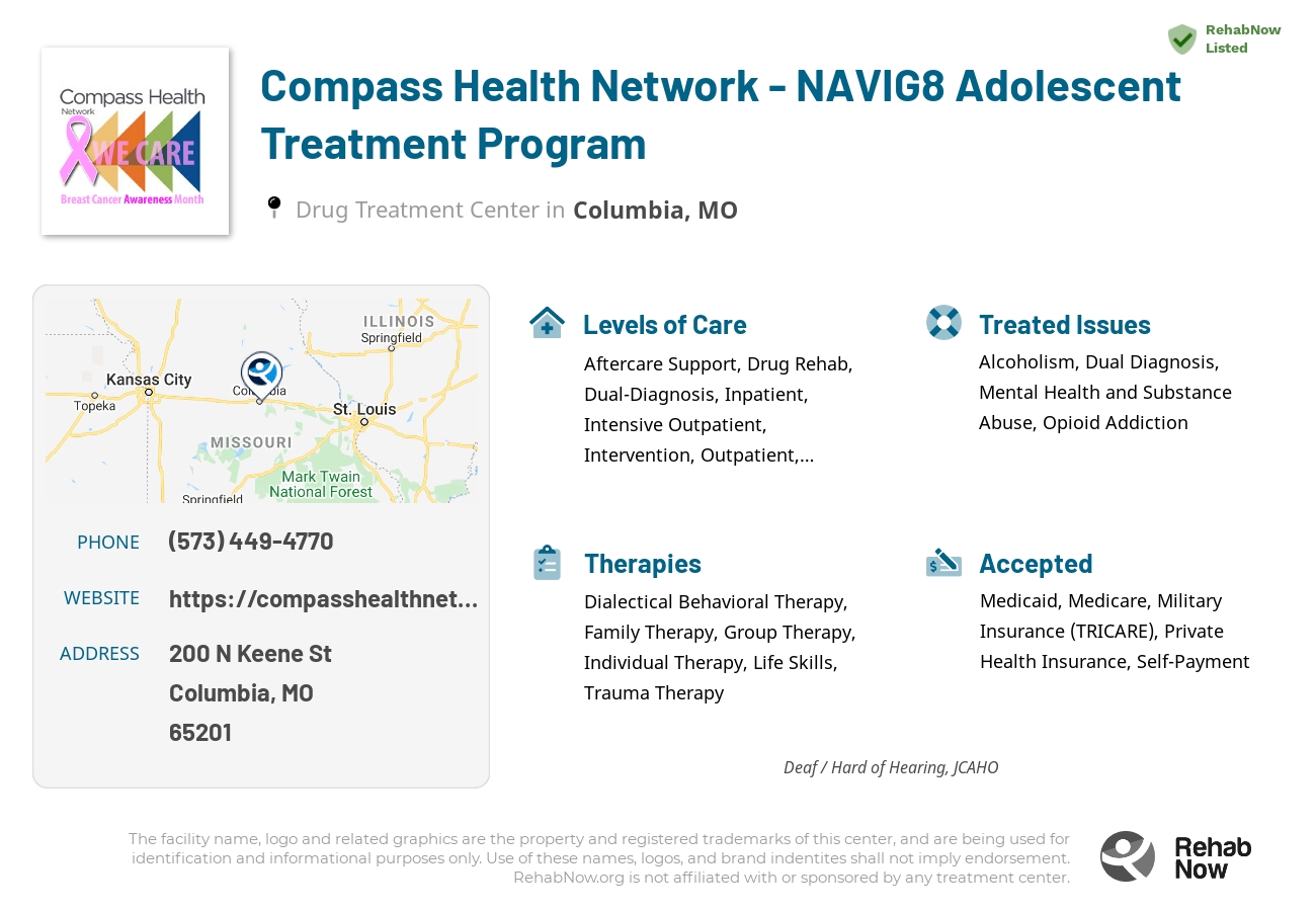 Helpful reference information for Compass Health Network - NAVIG8 Adolescent Treatment Program, a drug treatment center in Missouri located at: 200 N Keene St, Columbia, MO, 65201, including phone numbers, official website, and more. Listed briefly is an overview of Levels of Care, Therapies Offered, Issues Treated, and accepted forms of Payment Methods.