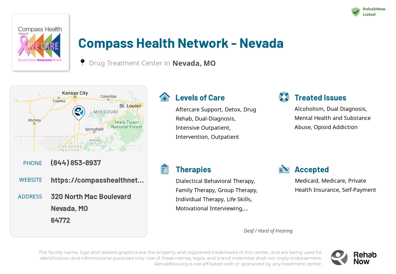 Helpful reference information for Compass Health Network - Nevada, a drug treatment center in Missouri located at: 320 North Mac Boulevard, Nevada, MO, 64772, including phone numbers, official website, and more. Listed briefly is an overview of Levels of Care, Therapies Offered, Issues Treated, and accepted forms of Payment Methods.