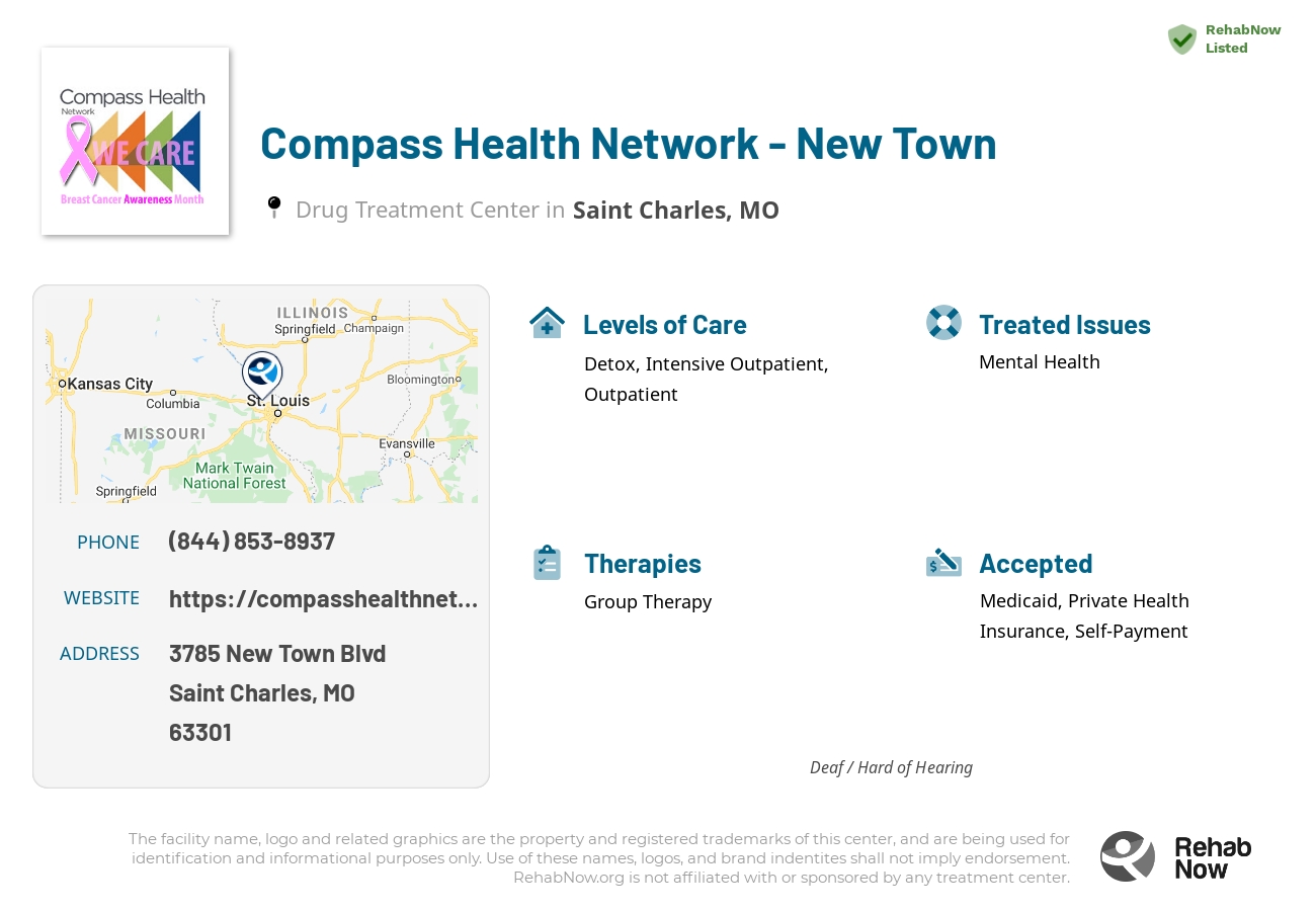Helpful reference information for Compass Health Network - New Town, a drug treatment center in Missouri located at: 3785 New Town Blvd, Saint Charles, MO, 63301, including phone numbers, official website, and more. Listed briefly is an overview of Levels of Care, Therapies Offered, Issues Treated, and accepted forms of Payment Methods.