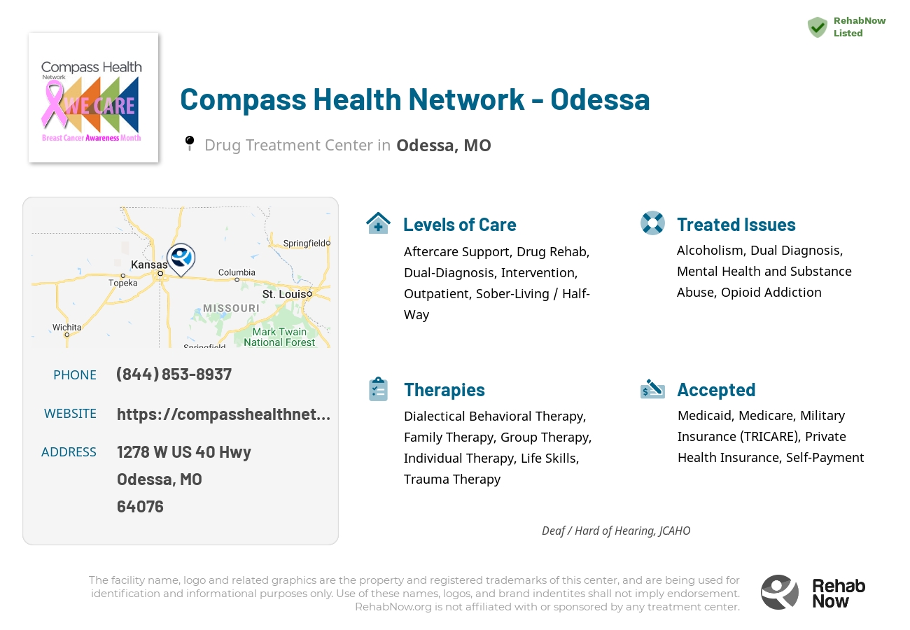 Helpful reference information for Compass Health Network - Odessa, a drug treatment center in Missouri located at: 1278 W US 40 Hwy, Odessa, MO, 64076, including phone numbers, official website, and more. Listed briefly is an overview of Levels of Care, Therapies Offered, Issues Treated, and accepted forms of Payment Methods.