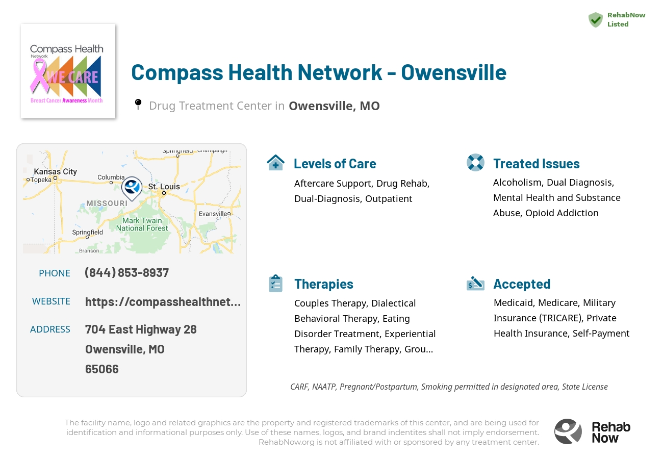 Helpful reference information for Compass Health Network - Owensville, a drug treatment center in Missouri located at: 704 East Highway 28, Owensville, MO, 65066, including phone numbers, official website, and more. Listed briefly is an overview of Levels of Care, Therapies Offered, Issues Treated, and accepted forms of Payment Methods.