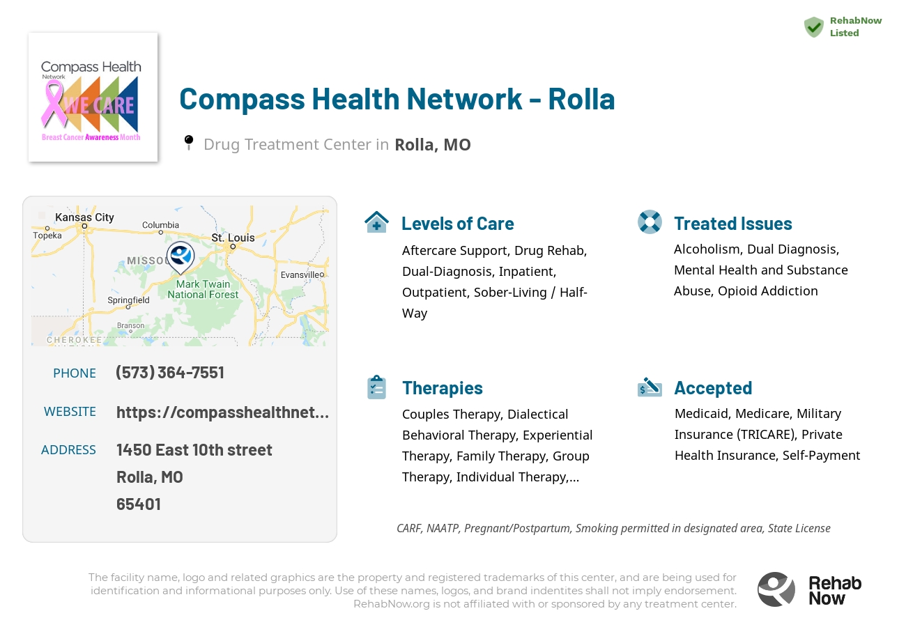 Helpful reference information for Compass Health Network - Rolla, a drug treatment center in Missouri located at: 1450 East 10th street, Rolla, MO, 65401, including phone numbers, official website, and more. Listed briefly is an overview of Levels of Care, Therapies Offered, Issues Treated, and accepted forms of Payment Methods.