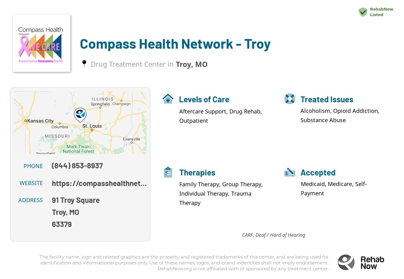 Helpful reference information for Compass Health Network - Troy, a drug treatment center in Missouri located at: 91 Troy Square, Troy, MO, 63379, including phone numbers, official website, and more. Listed briefly is an overview of Levels of Care, Therapies Offered, Issues Treated, and accepted forms of Payment Methods.