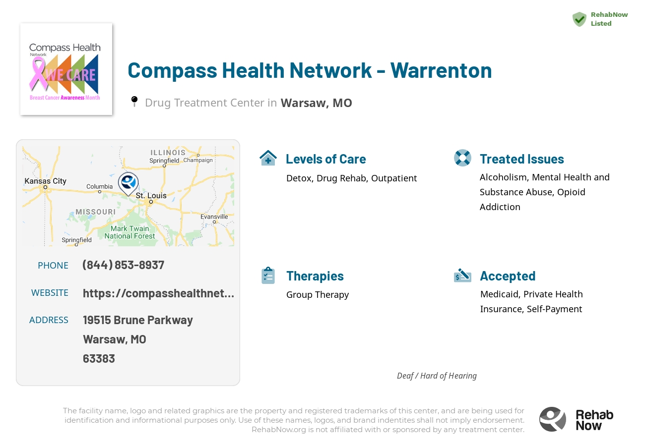 Helpful reference information for Compass Health Network - Warrenton, a drug treatment center in Missouri located at: 19515 Brune Parkway, Warsaw, MO, 63383, including phone numbers, official website, and more. Listed briefly is an overview of Levels of Care, Therapies Offered, Issues Treated, and accepted forms of Payment Methods.