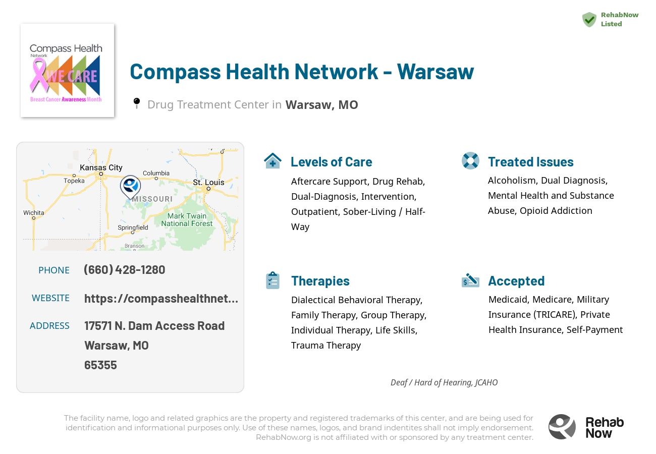 Helpful reference information for Compass Health Network - Warsaw, a drug treatment center in Missouri located at: 17571 N. Dam Access Road, Warsaw, MO, 65355, including phone numbers, official website, and more. Listed briefly is an overview of Levels of Care, Therapies Offered, Issues Treated, and accepted forms of Payment Methods.