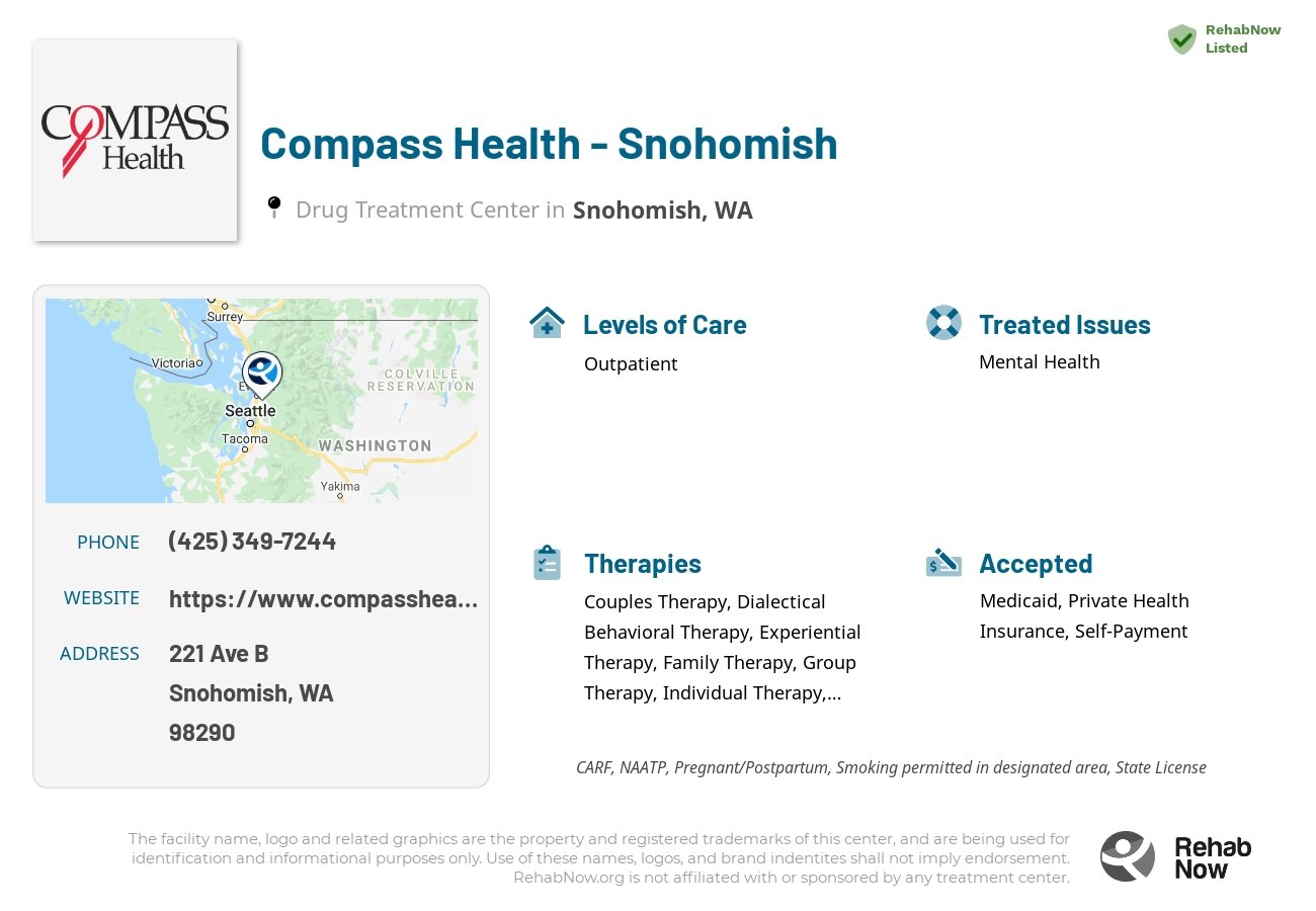 Helpful reference information for Compass Health - Snohomish, a drug treatment center in Washington located at: 221 Ave B, Snohomish, WA 98290, including phone numbers, official website, and more. Listed briefly is an overview of Levels of Care, Therapies Offered, Issues Treated, and accepted forms of Payment Methods.