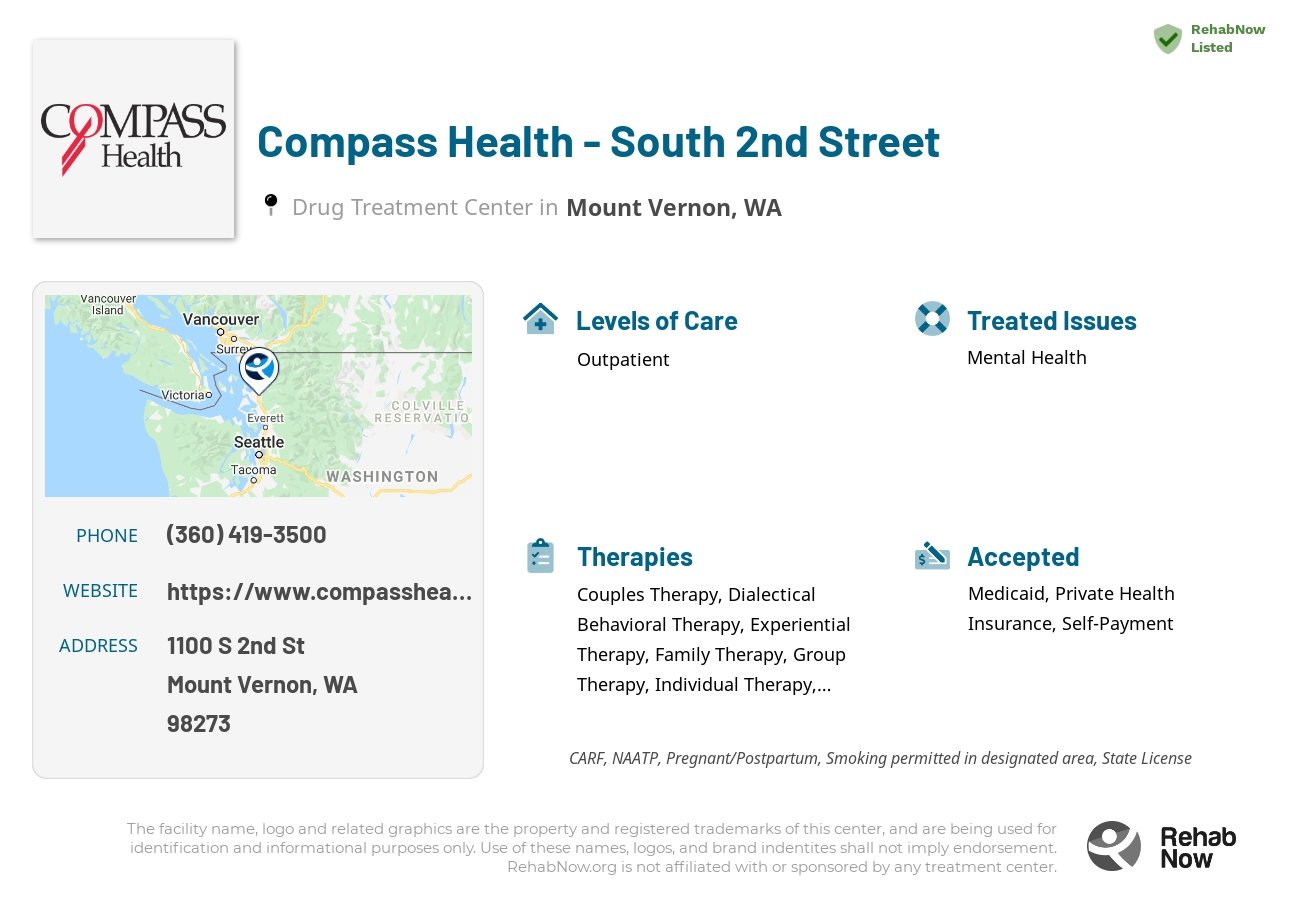 Helpful reference information for Compass Health - South 2nd Street, a drug treatment center in Washington located at: 1100 S 2nd St, Mount Vernon, WA 98273, including phone numbers, official website, and more. Listed briefly is an overview of Levels of Care, Therapies Offered, Issues Treated, and accepted forms of Payment Methods.