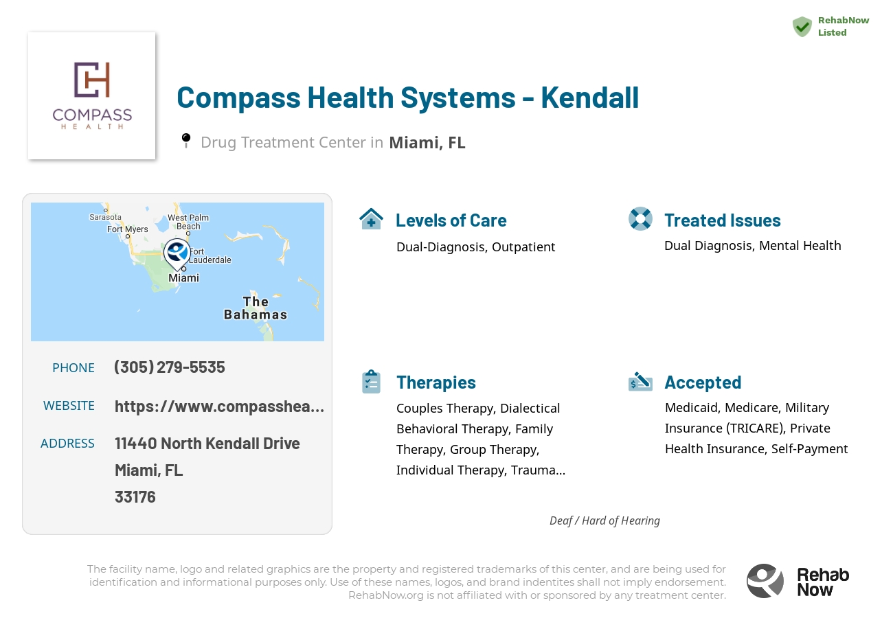 Helpful reference information for Compass Health Systems - Kendall, a drug treatment center in Florida located at: 11440 North Kendall Drive, Miami, FL, 33176, including phone numbers, official website, and more. Listed briefly is an overview of Levels of Care, Therapies Offered, Issues Treated, and accepted forms of Payment Methods.