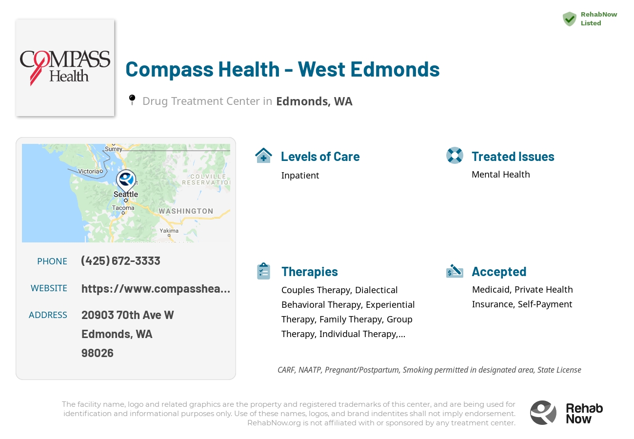 Helpful reference information for Compass Health - West Edmonds, a drug treatment center in Washington located at: 20903 70th Ave W, Edmonds, WA 98026, including phone numbers, official website, and more. Listed briefly is an overview of Levels of Care, Therapies Offered, Issues Treated, and accepted forms of Payment Methods.