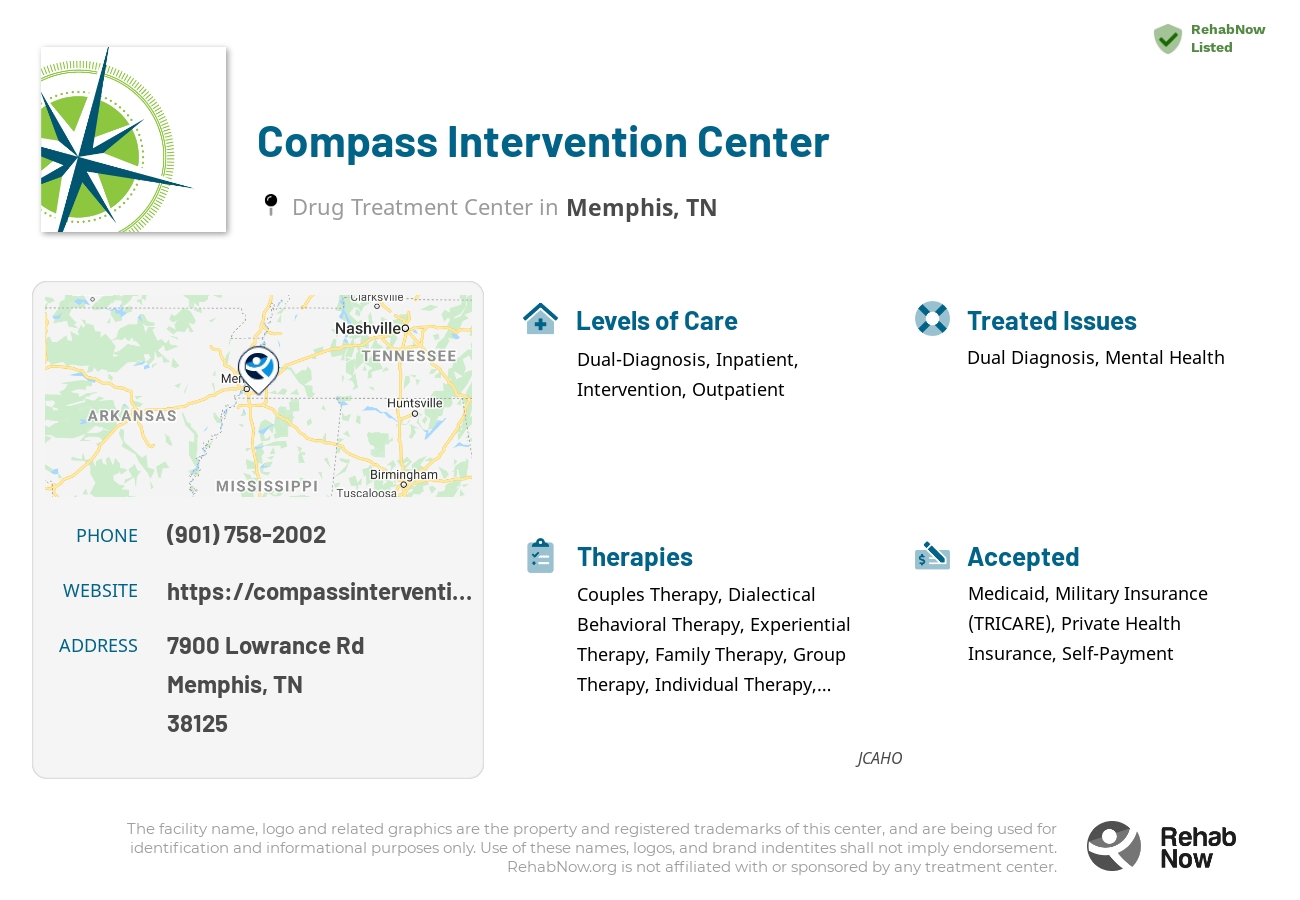 Helpful reference information for Compass Intervention Center, a drug treatment center in Tennessee located at: 7900 Lowrance Rd, Memphis, TN 38125, including phone numbers, official website, and more. Listed briefly is an overview of Levels of Care, Therapies Offered, Issues Treated, and accepted forms of Payment Methods.