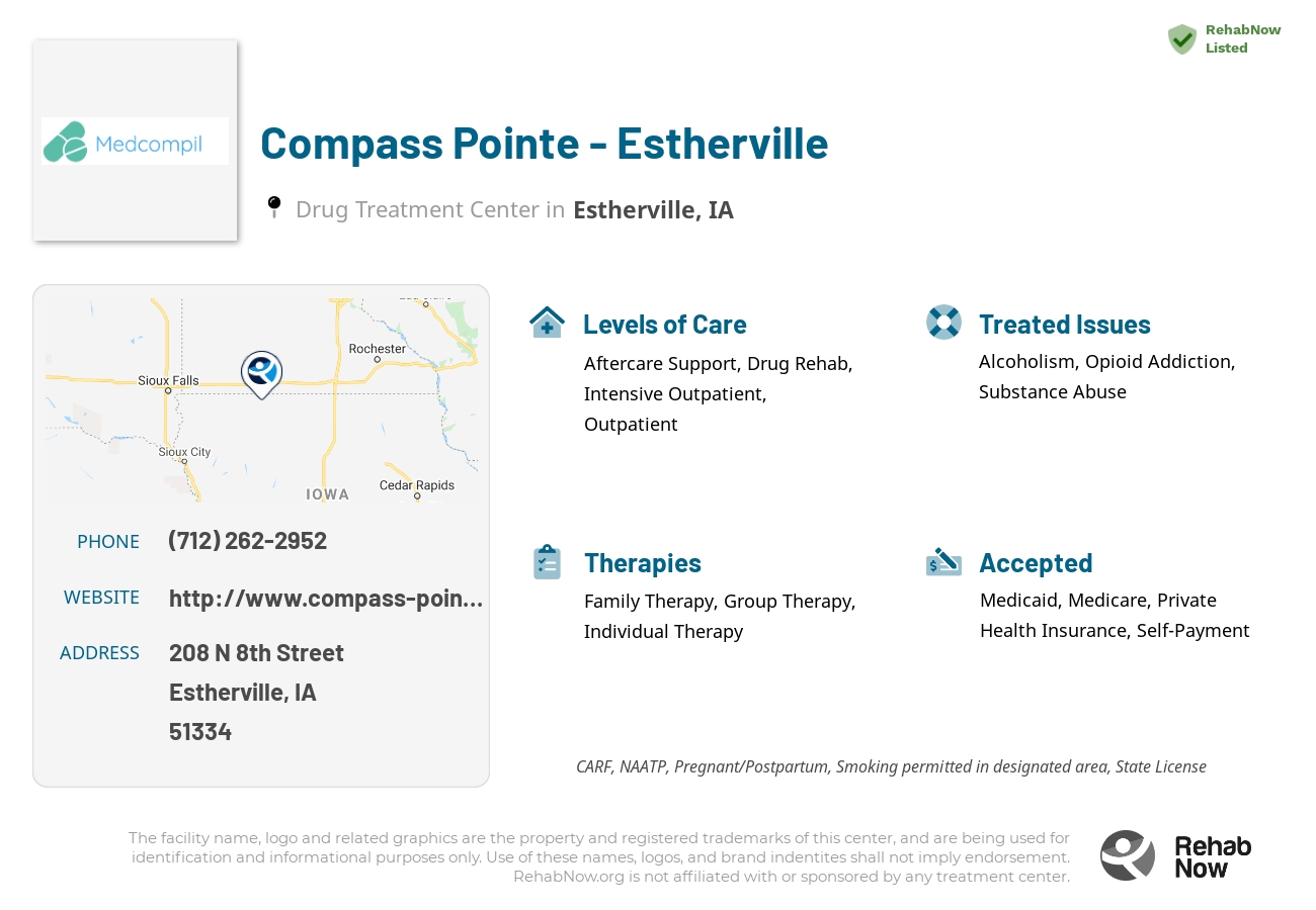 Helpful reference information for Compass Pointe - Estherville, a drug treatment center in Iowa located at: 208 N 8th Street, Estherville, IA, 51334, including phone numbers, official website, and more. Listed briefly is an overview of Levels of Care, Therapies Offered, Issues Treated, and accepted forms of Payment Methods.