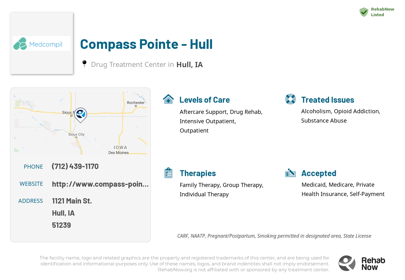 Helpful reference information for Compass Pointe - Hull, a drug treatment center in Iowa located at: 1121 Main St., Hull, IA, 51239, including phone numbers, official website, and more. Listed briefly is an overview of Levels of Care, Therapies Offered, Issues Treated, and accepted forms of Payment Methods.