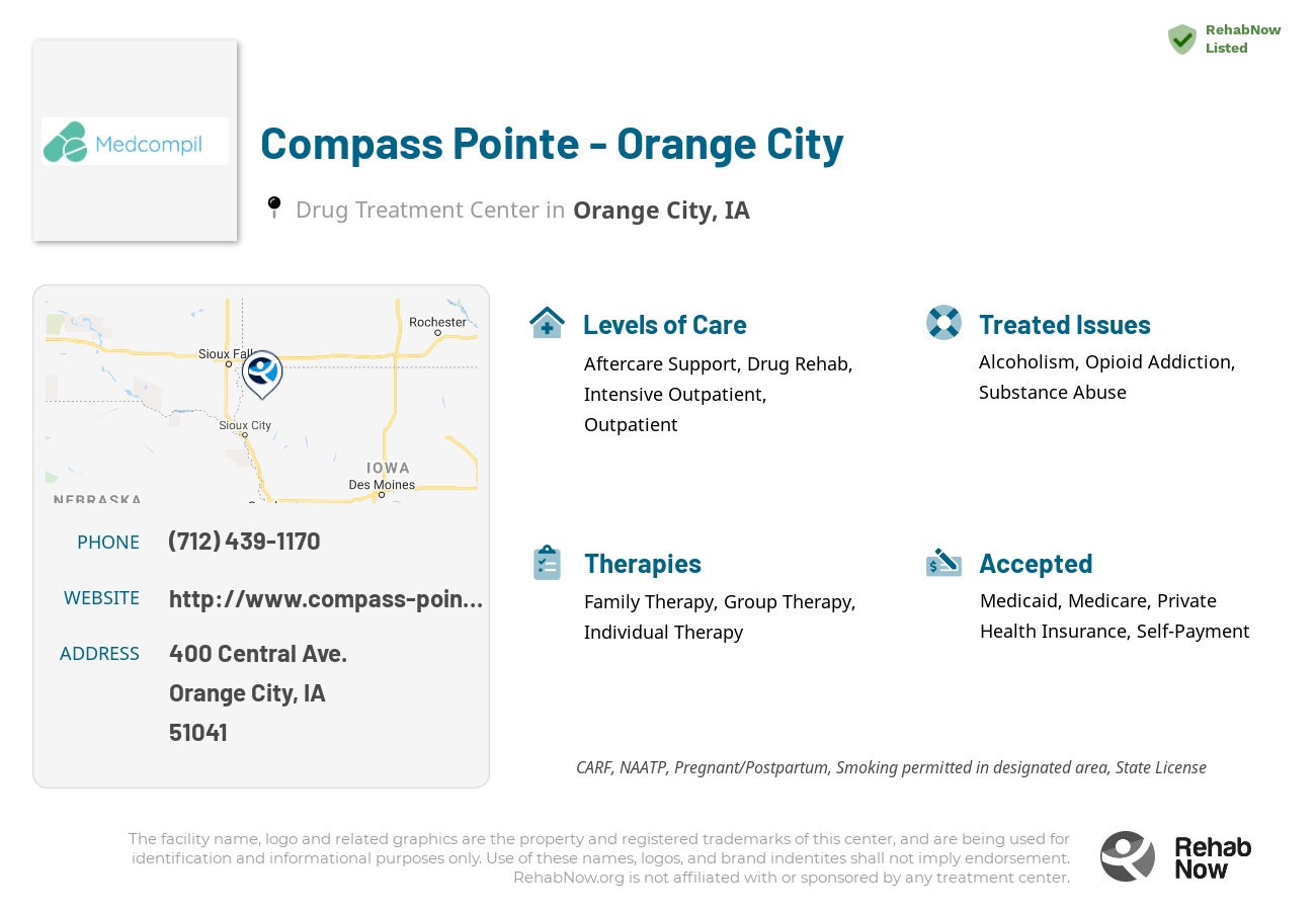Helpful reference information for Compass Pointe - Orange City, a drug treatment center in Iowa located at: 400 Central Ave., Orange City, IA, 51041, including phone numbers, official website, and more. Listed briefly is an overview of Levels of Care, Therapies Offered, Issues Treated, and accepted forms of Payment Methods.