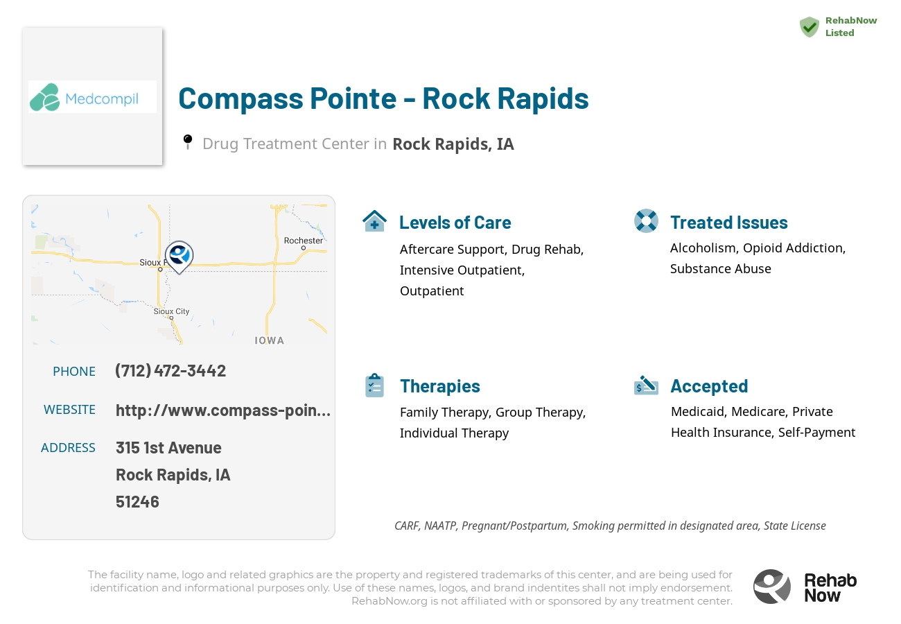 Helpful reference information for Compass Pointe - Rock Rapids, a drug treatment center in Iowa located at: 315 1st Avenue, Rock Rapids, IA, 51246, including phone numbers, official website, and more. Listed briefly is an overview of Levels of Care, Therapies Offered, Issues Treated, and accepted forms of Payment Methods.