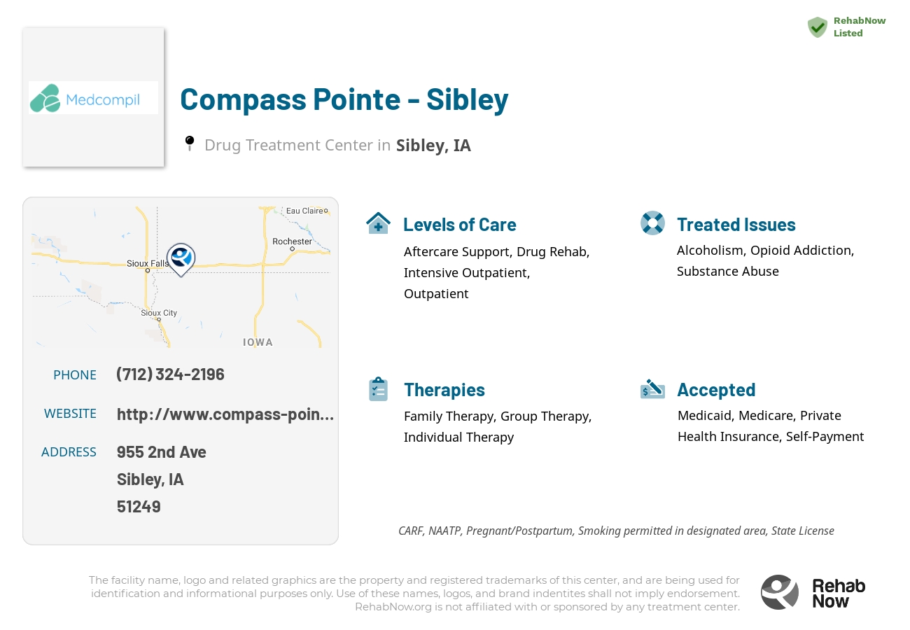 Helpful reference information for Compass Pointe - Sibley, a drug treatment center in Iowa located at: 955 2nd Ave, Sibley, IA, 51249, including phone numbers, official website, and more. Listed briefly is an overview of Levels of Care, Therapies Offered, Issues Treated, and accepted forms of Payment Methods.