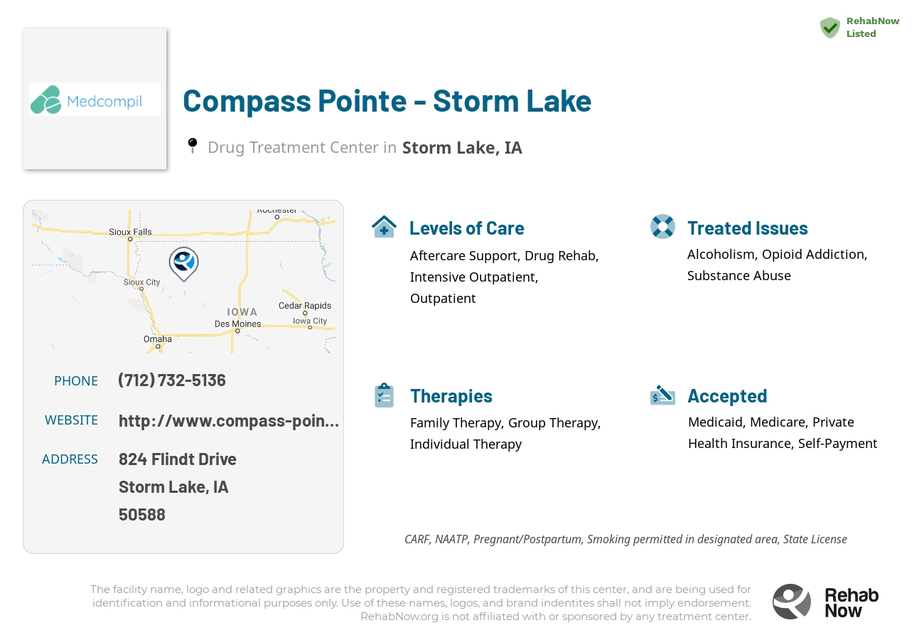 Helpful reference information for Compass Pointe - Storm Lake, a drug treatment center in Iowa located at: 824 Flindt Drive, Storm Lake, IA, 50588, including phone numbers, official website, and more. Listed briefly is an overview of Levels of Care, Therapies Offered, Issues Treated, and accepted forms of Payment Methods.
