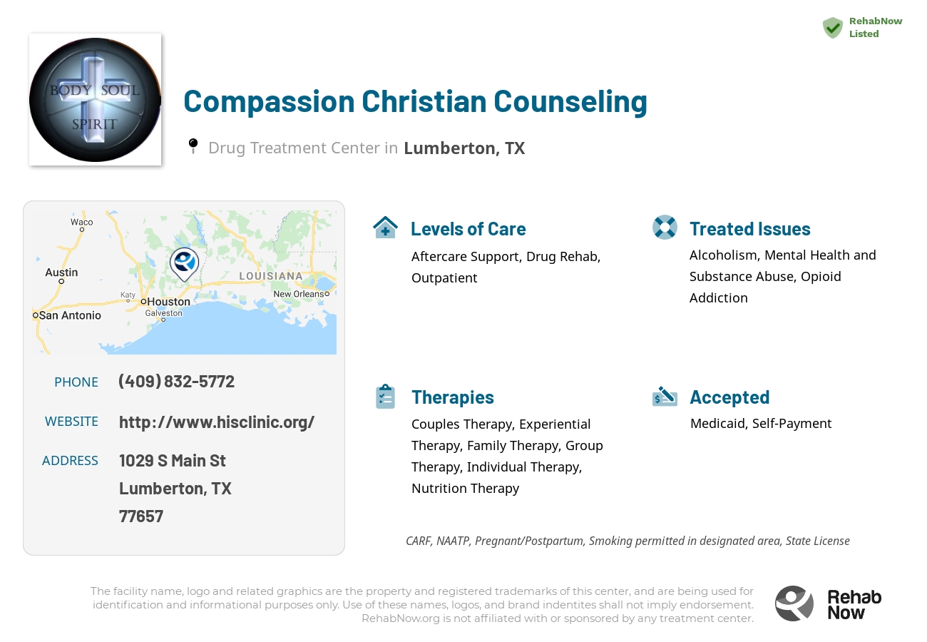 Helpful reference information for Compassion Christian Counseling, a drug treatment center in Texas located at: 1029 S Main St, Lumberton, TX 77657, including phone numbers, official website, and more. Listed briefly is an overview of Levels of Care, Therapies Offered, Issues Treated, and accepted forms of Payment Methods.