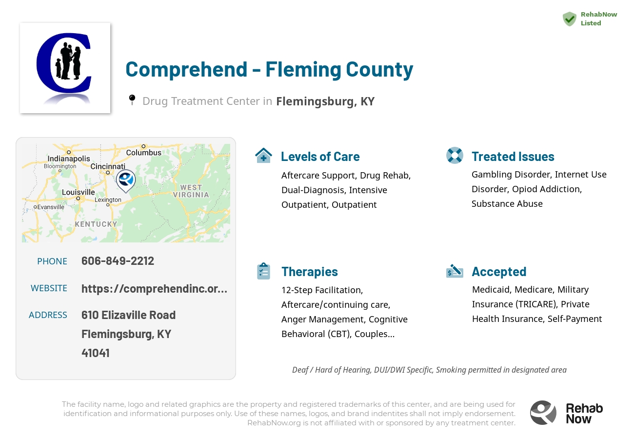 Helpful reference information for Comprehend - Fleming County, a drug treatment center in Kentucky located at: 610 Elizaville Road, Flemingsburg, KY 41041, including phone numbers, official website, and more. Listed briefly is an overview of Levels of Care, Therapies Offered, Issues Treated, and accepted forms of Payment Methods.