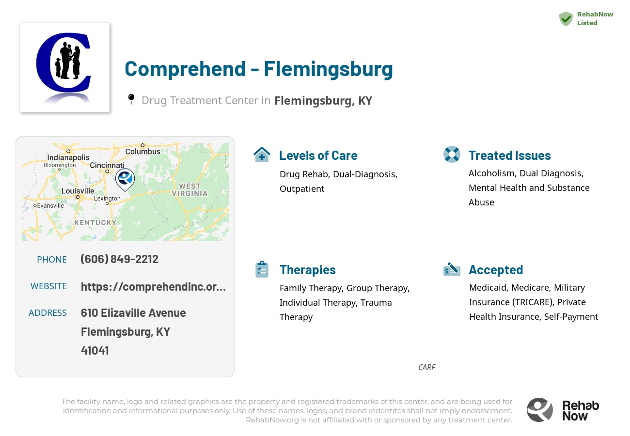 Helpful reference information for Comprehend - Flemingsburg, a drug treatment center in Kentucky located at: 610 Elizaville Avenue, Flemingsburg, KY, 41041, including phone numbers, official website, and more. Listed briefly is an overview of Levels of Care, Therapies Offered, Issues Treated, and accepted forms of Payment Methods.