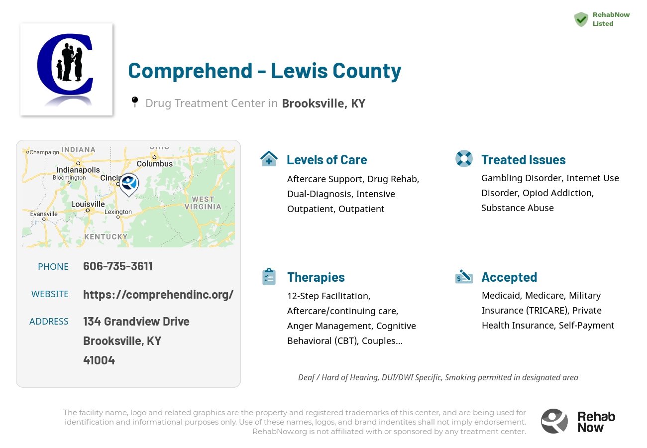 Helpful reference information for Comprehend - Lewis County, a drug treatment center in Kentucky located at: 134 Grandview Drive, Brooksville, KY 41004, including phone numbers, official website, and more. Listed briefly is an overview of Levels of Care, Therapies Offered, Issues Treated, and accepted forms of Payment Methods.