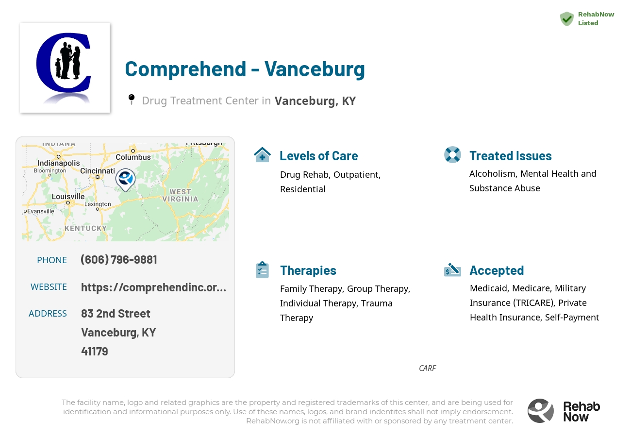 Helpful reference information for Comprehend - Vanceburg, a drug treatment center in Kentucky located at: 83 2nd Street, Vanceburg, KY, 41179, including phone numbers, official website, and more. Listed briefly is an overview of Levels of Care, Therapies Offered, Issues Treated, and accepted forms of Payment Methods.