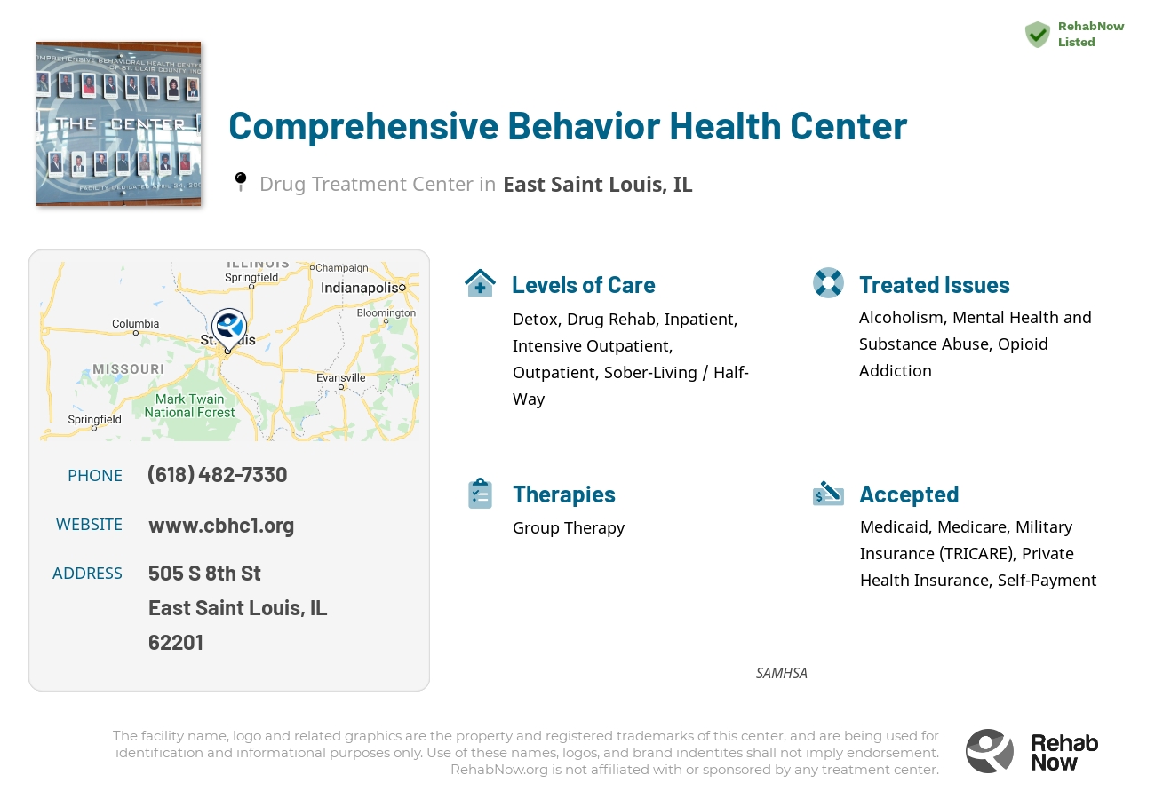 Helpful reference information for Comprehensive Behavior Health Center, a drug treatment center in Illinois located at: 505 S 8th St, East Saint Louis, IL 62201, including phone numbers, official website, and more. Listed briefly is an overview of Levels of Care, Therapies Offered, Issues Treated, and accepted forms of Payment Methods.